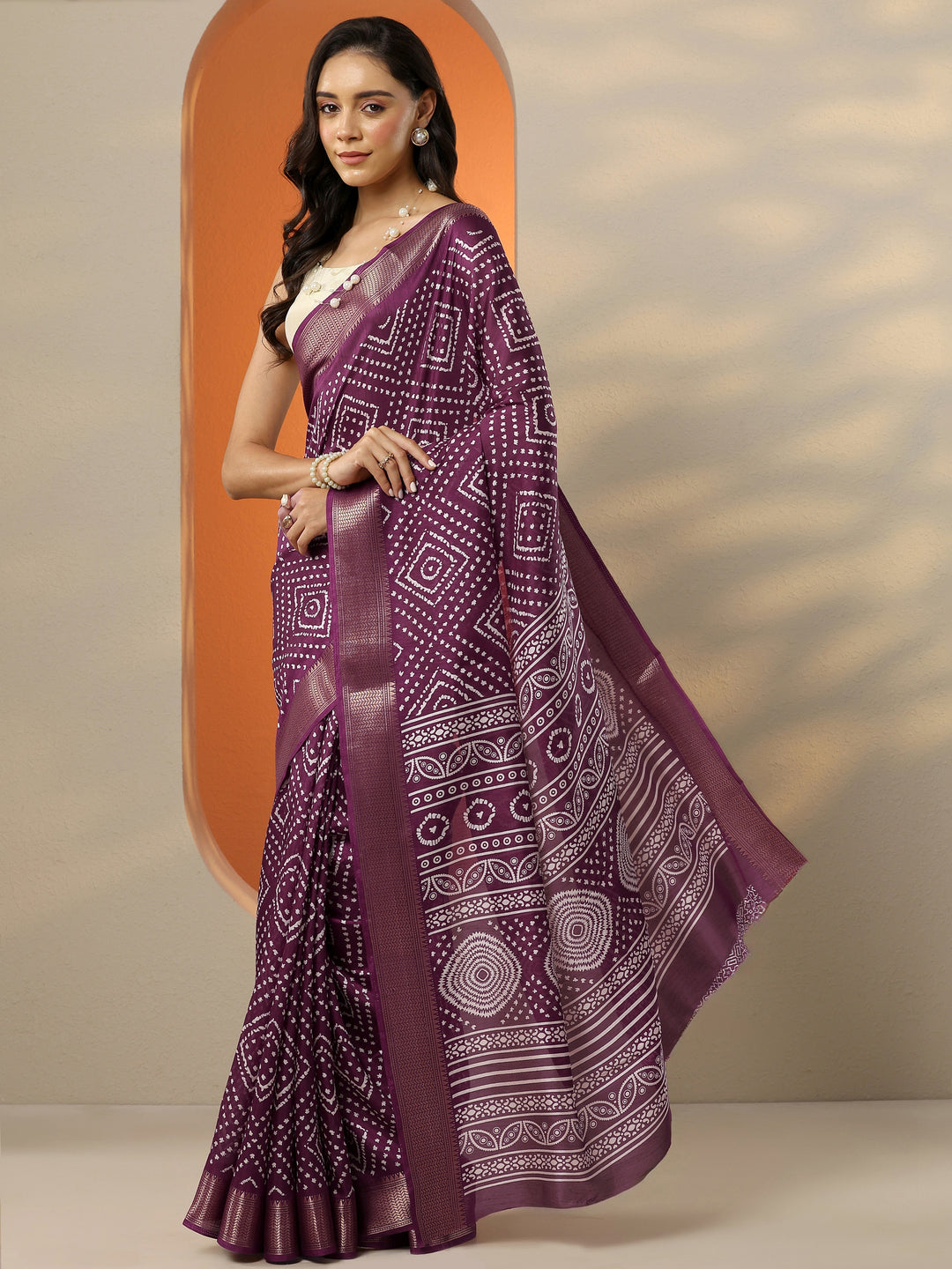  Burgundy Printed Silk Blend Saree With Unstitched Blouse Piece 