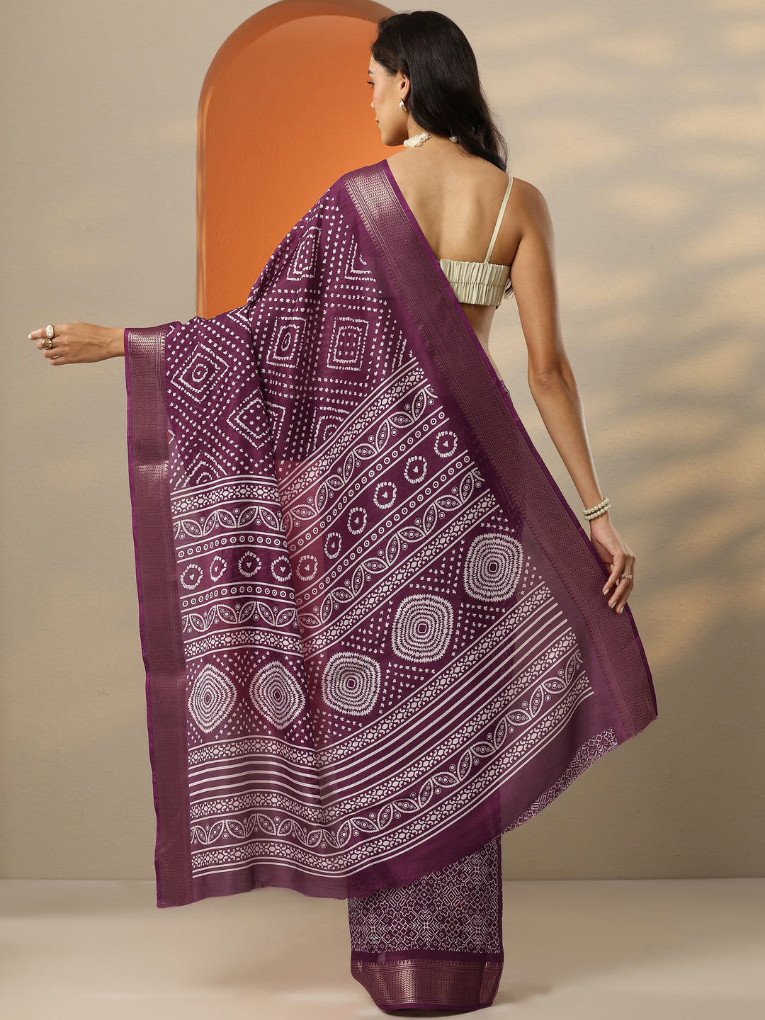  Burgundy Printed Silk Blend Saree With Unstitched Blouse Piece 