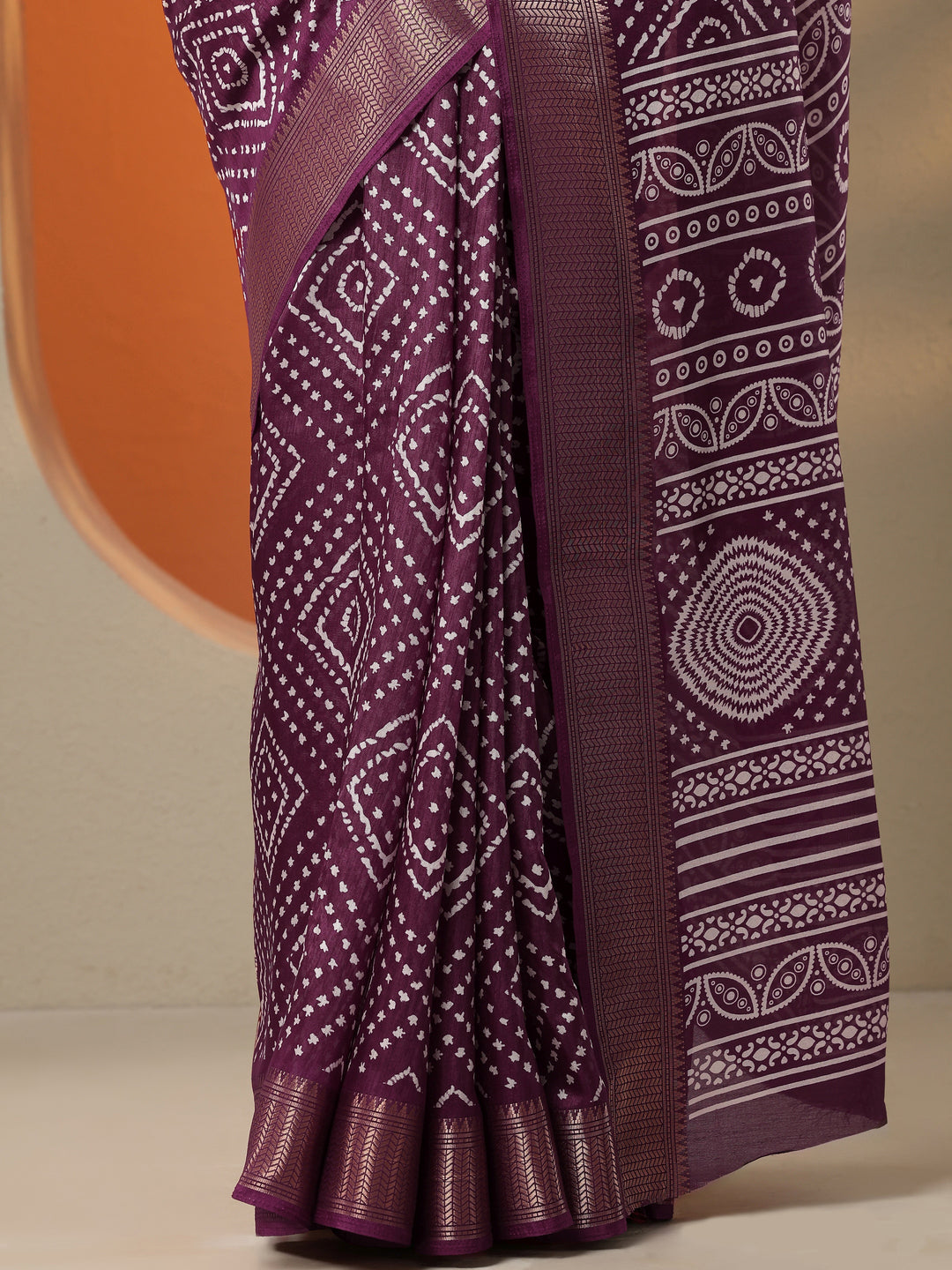  Burgundy Printed Silk Blend Saree With Unstitched Blouse Piece 