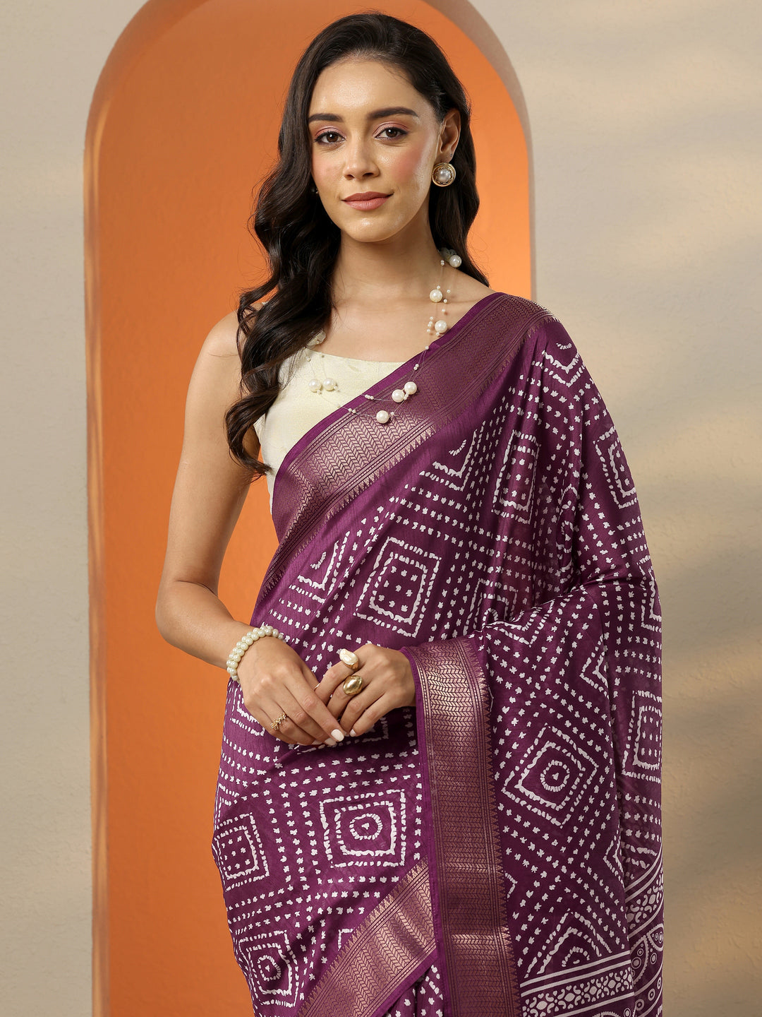  Burgundy Printed Silk Blend Saree With Unstitched Blouse Piece 