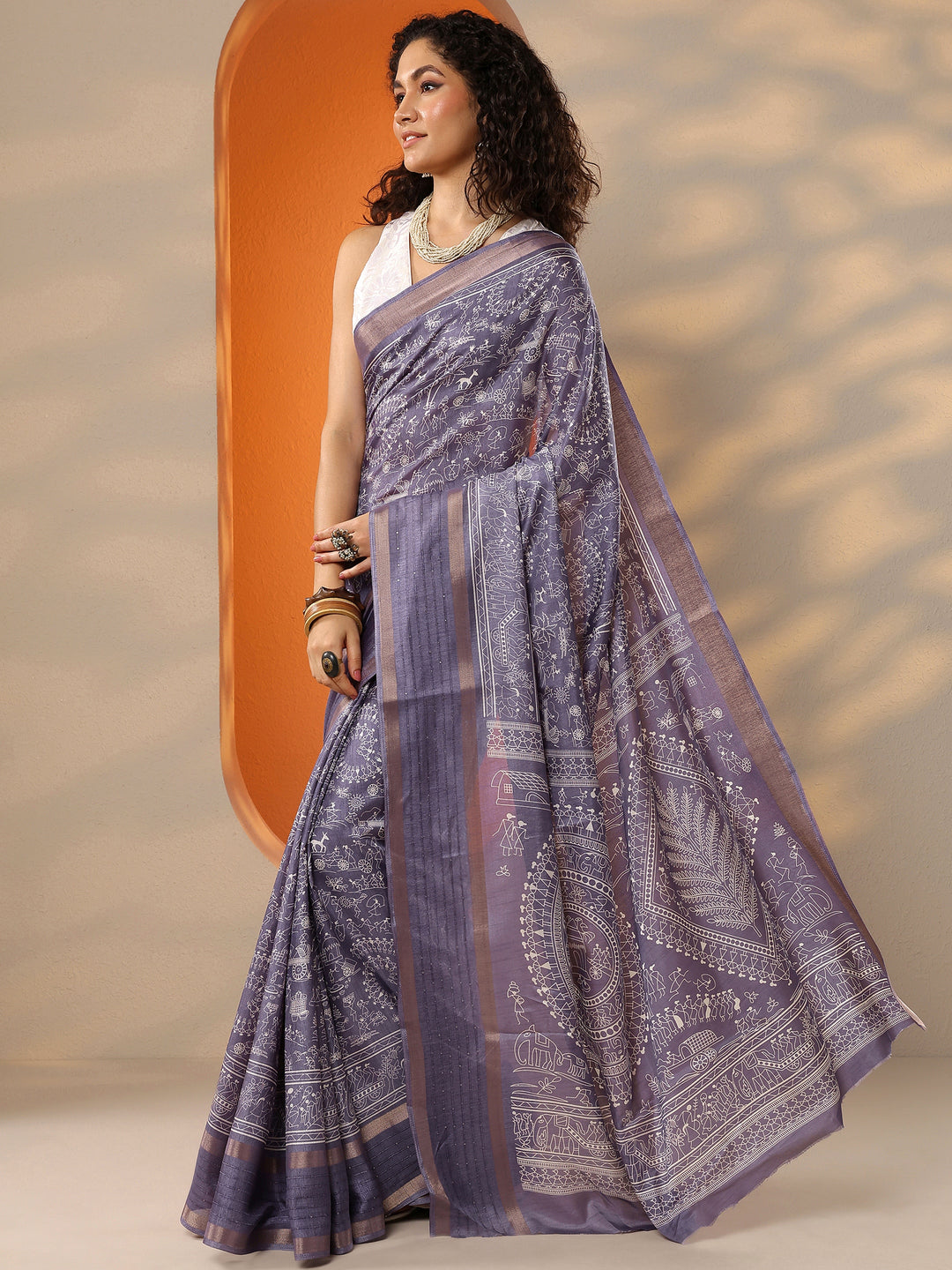  Lavender Printed Silk Blend Saree With Unstitched Blouse Piece 