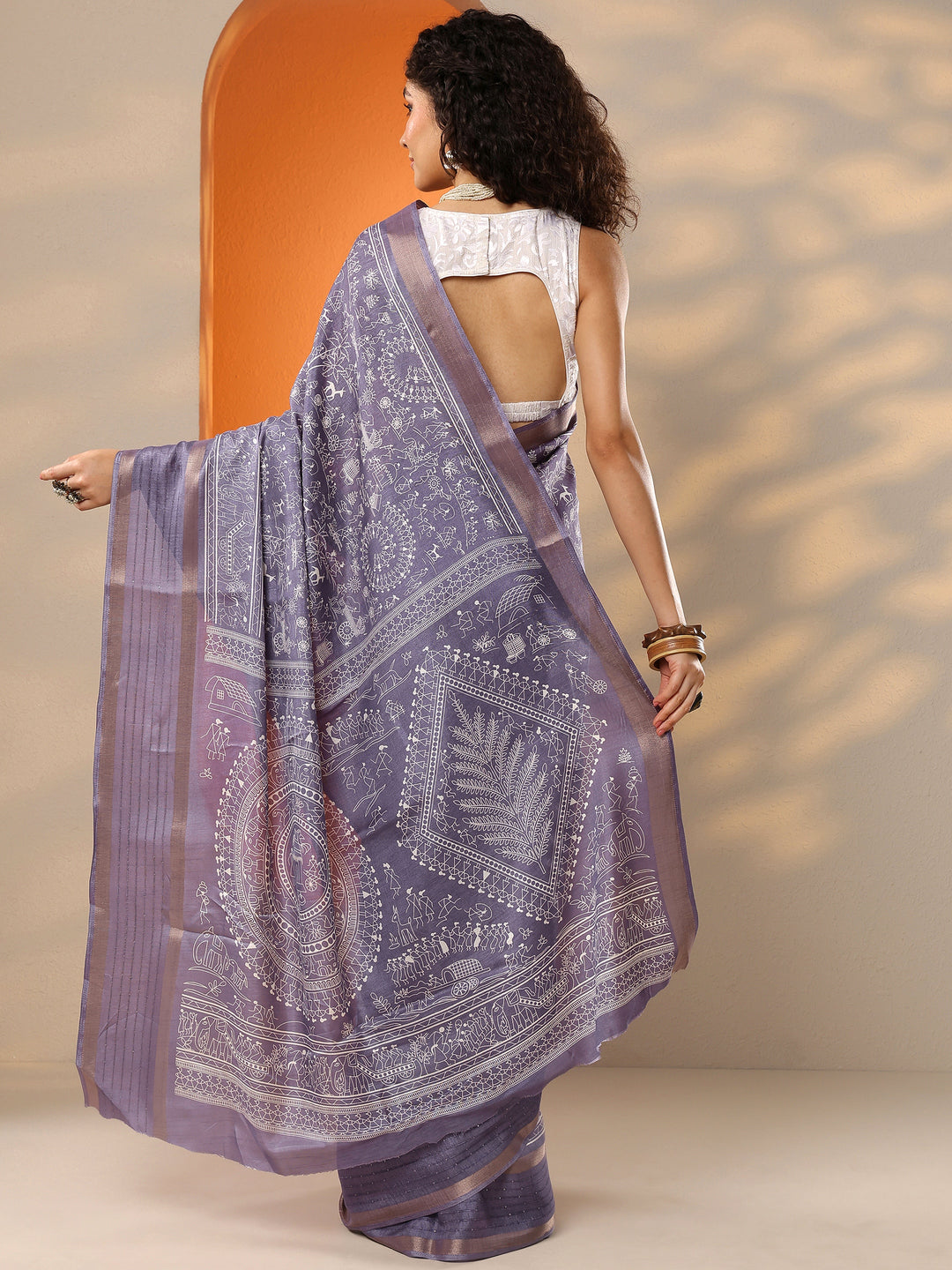  Lavender Printed Silk Blend Saree With Unstitched Blouse Piece 