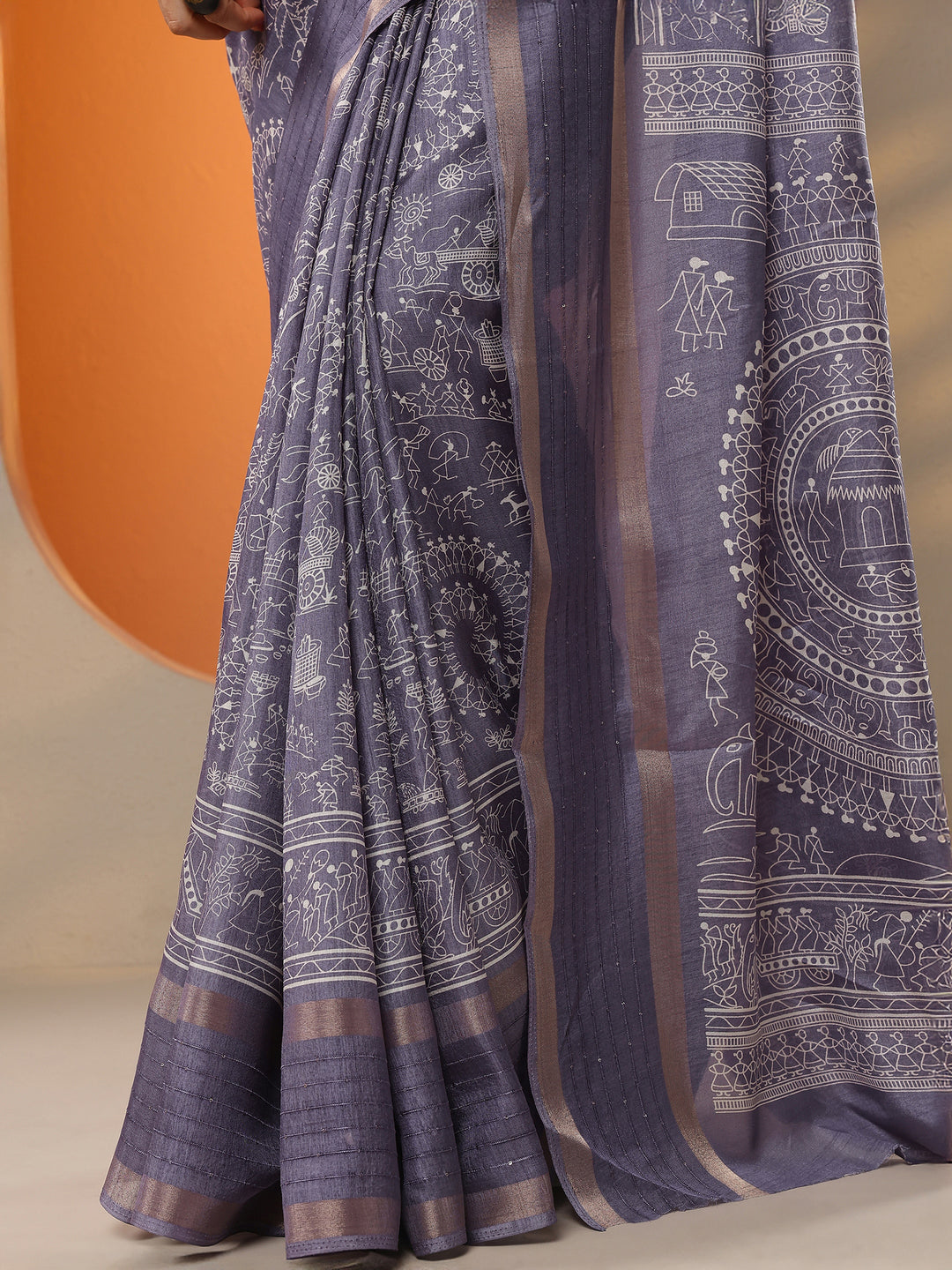  Lavender Printed Silk Blend Saree With Unstitched Blouse Piece 