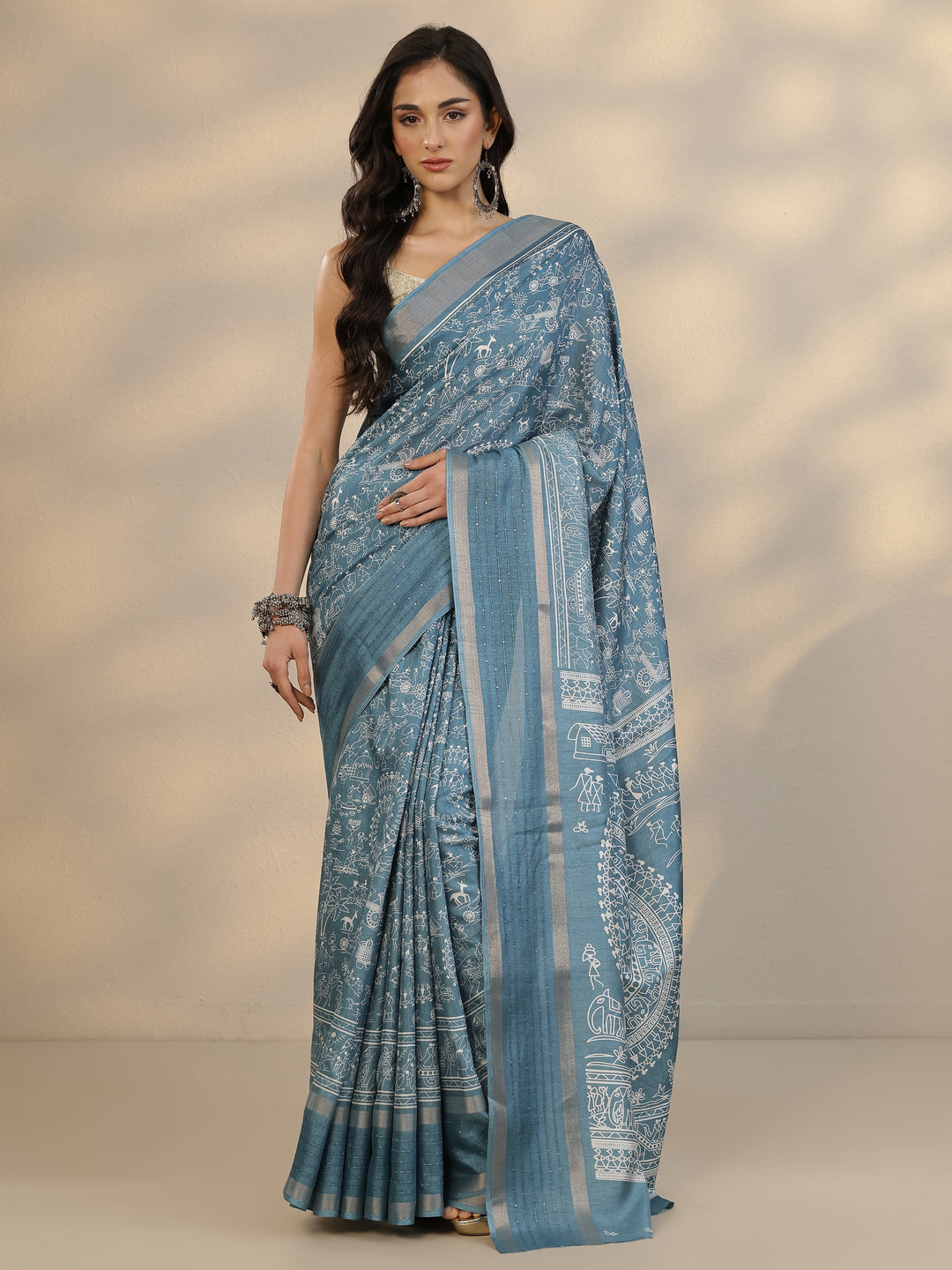  Blue Tribal Printed Silk Blend Saree With Unstitched Blouse Piece 