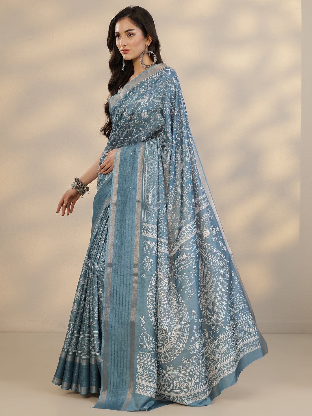 Blue Tribal Printed Silk Blend Saree With Unstitched Blouse Piece 