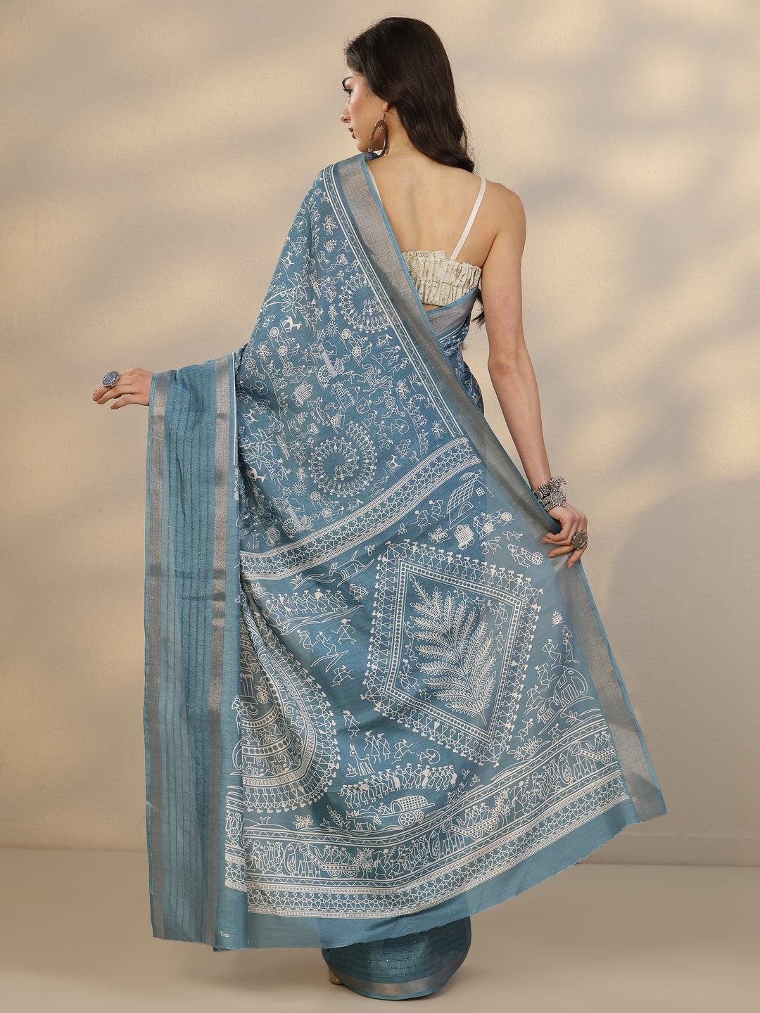  Blue Tribal Printed Silk Blend Saree With Unstitched Blouse Piece 