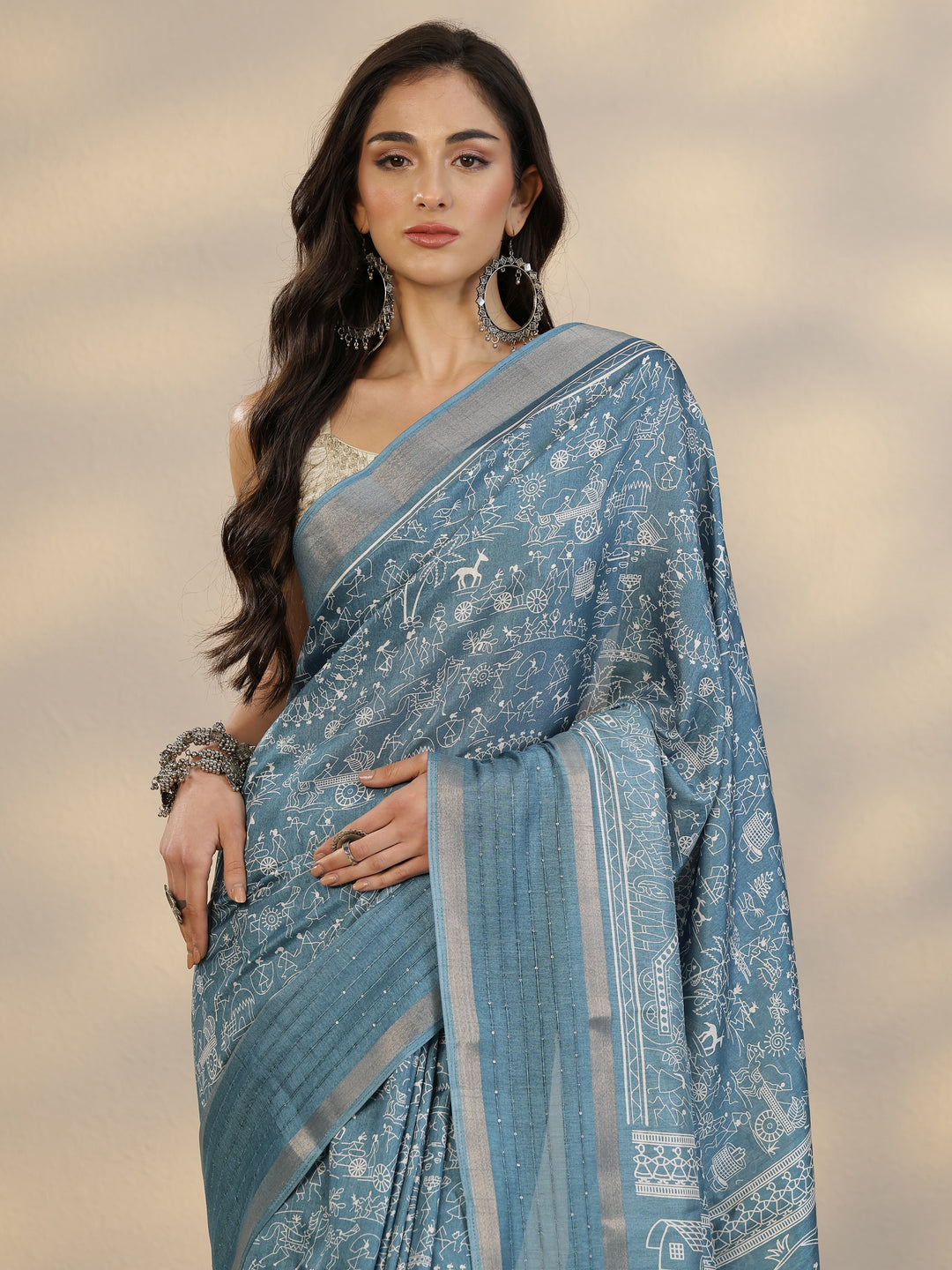  Blue Tribal Printed Silk Blend Saree With Unstitched Blouse Piece 