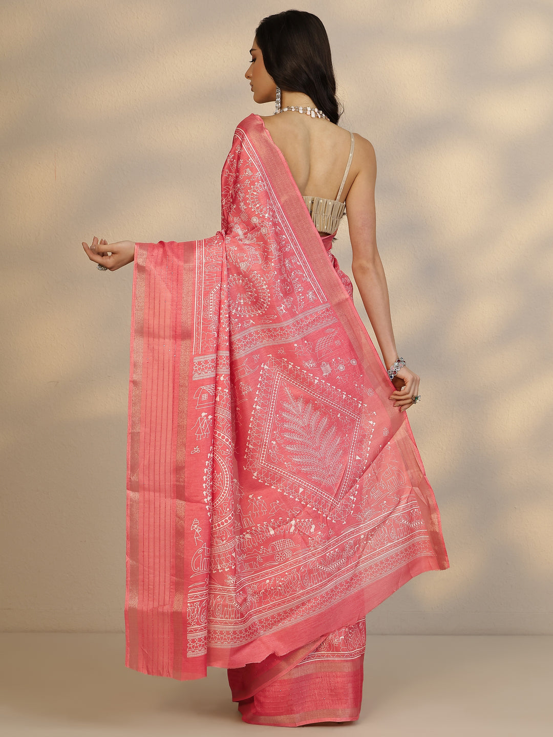  Coral Tribal Printed Silk Blend Saree With Unstitched Blouse Piece 