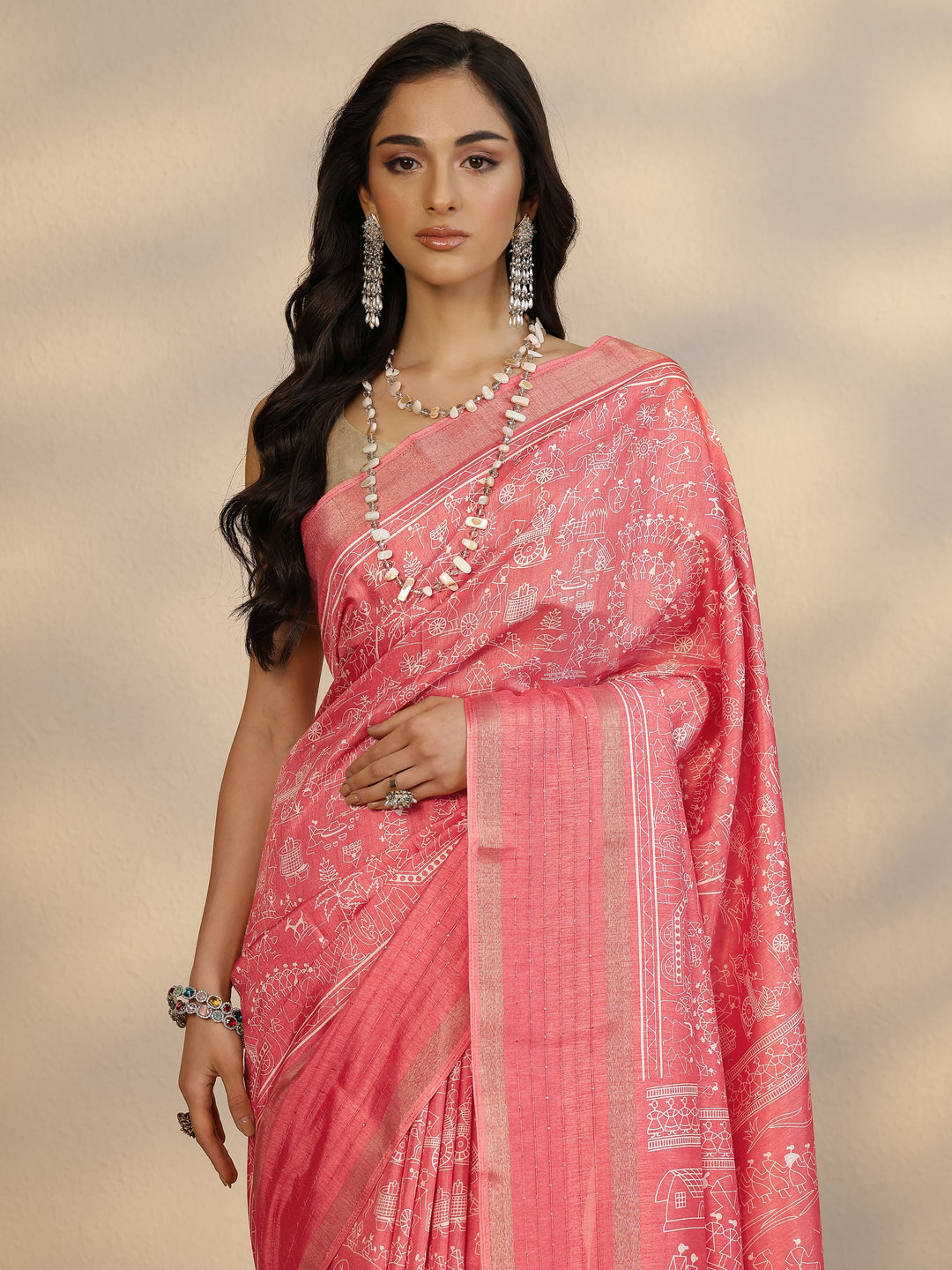  Coral Tribal Printed Silk Blend Saree With Unstitched Blouse Piece 