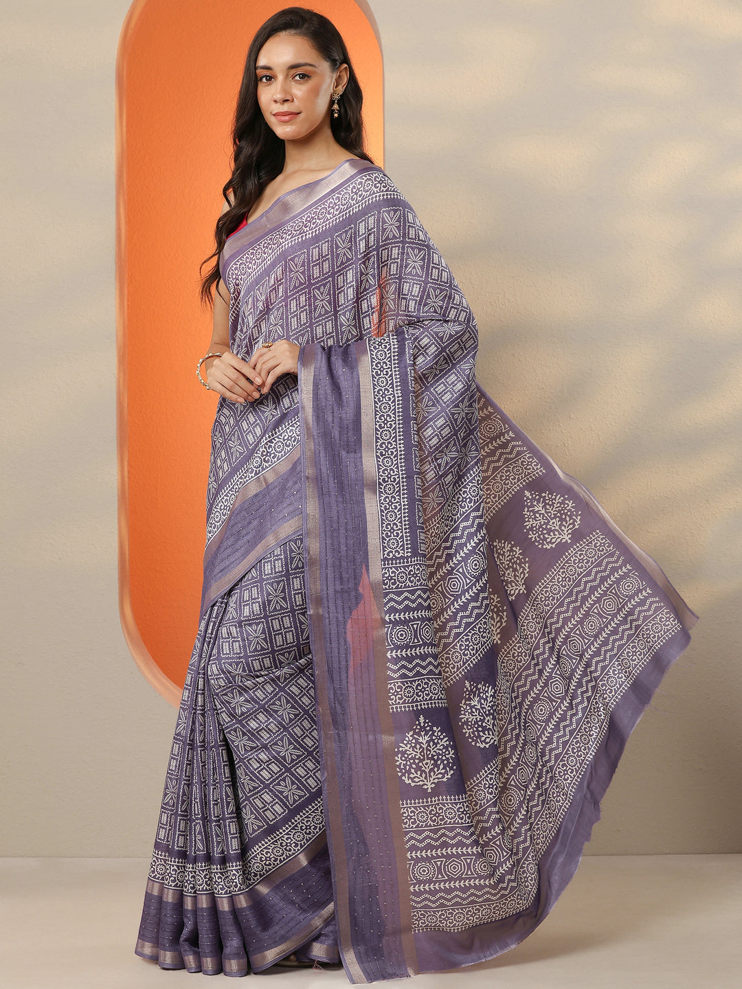  Lavender Printed Silk Blend Saree With Unstitched Blouse Piece 