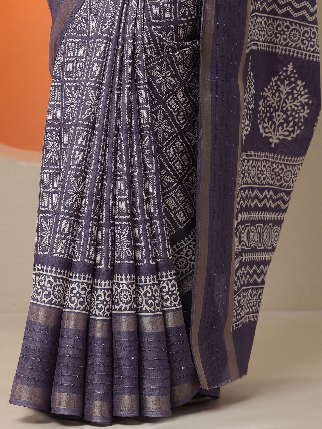  Lavender Printed Silk Blend Saree With Unstitched Blouse Piece 