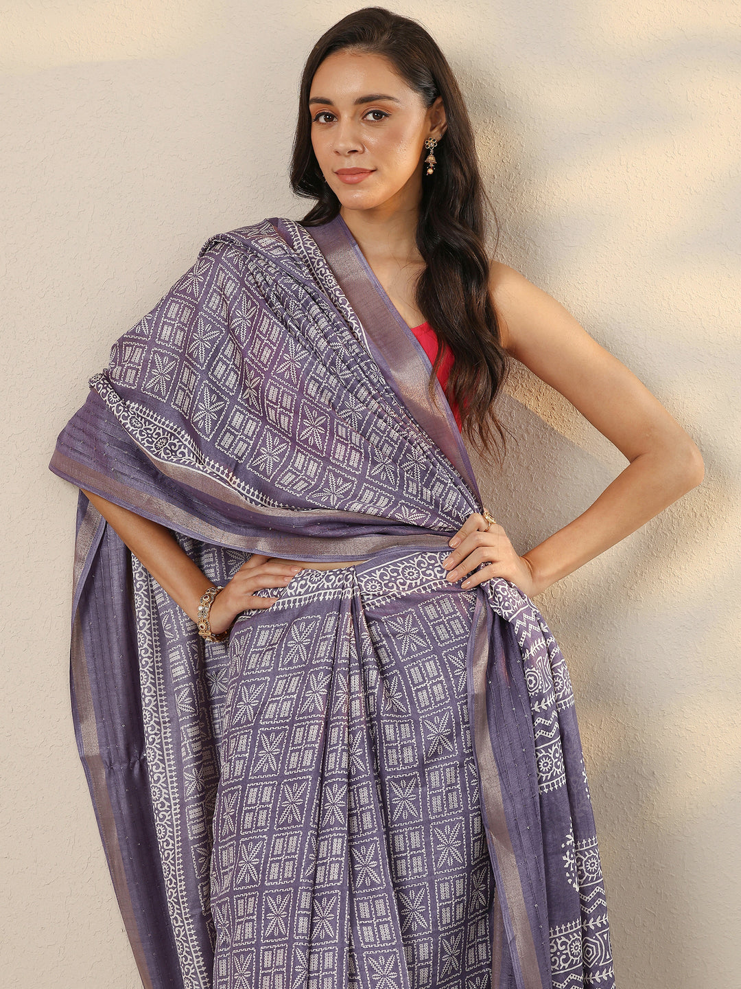  Lavender Printed Silk Blend Saree With Unstitched Blouse Piece 