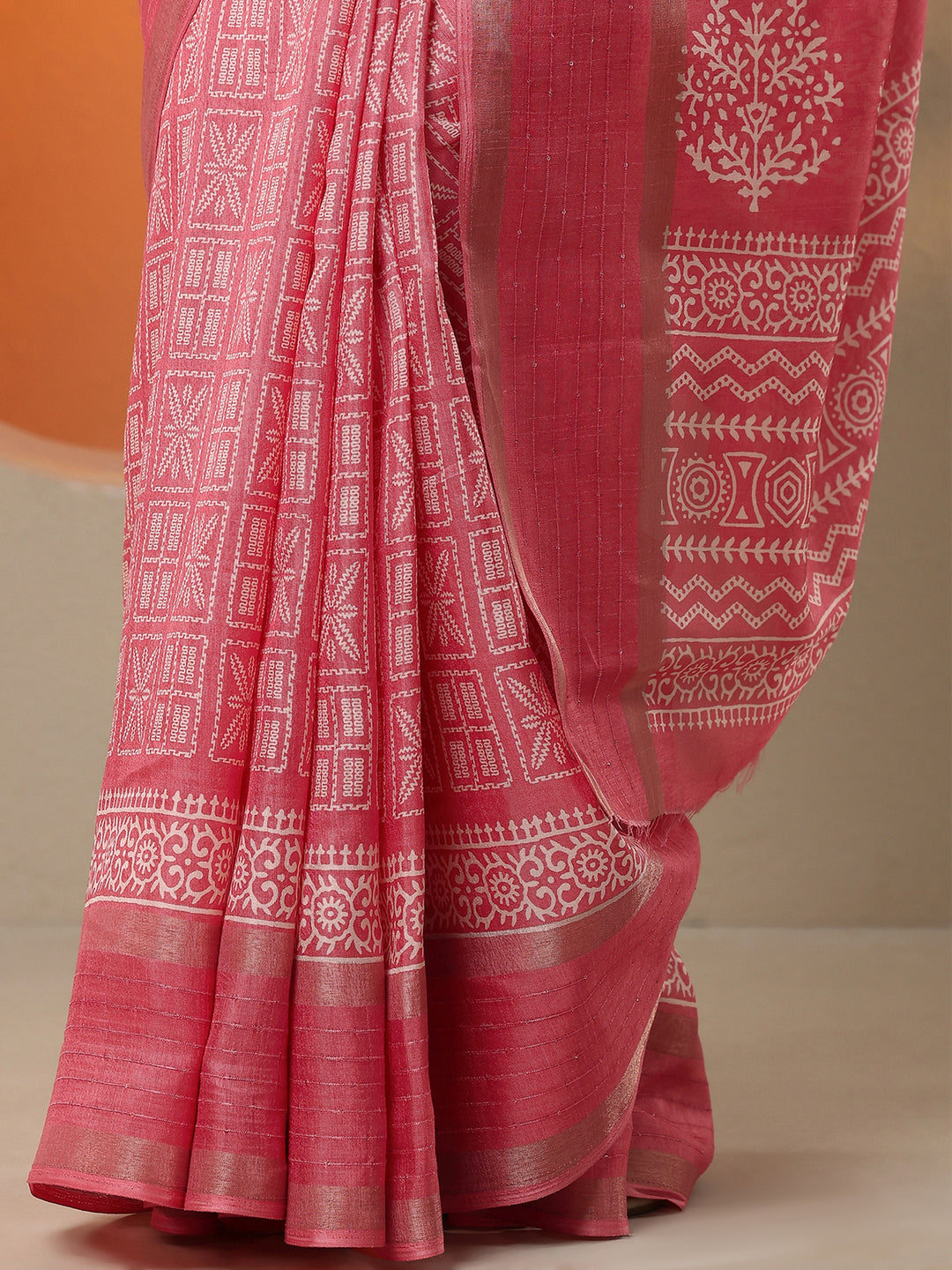  Coral Printed Silk Blend Saree With Unstitched Blouse Piece 
