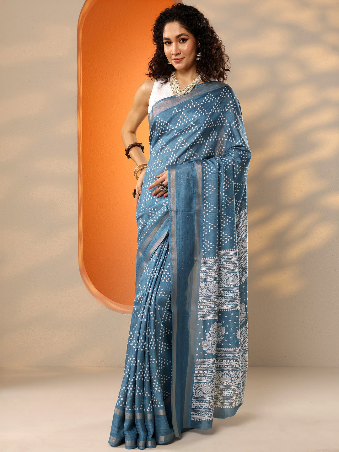  Blue Bandhani Printed Silk Blend Saree With Unstitched Blouse Piece 