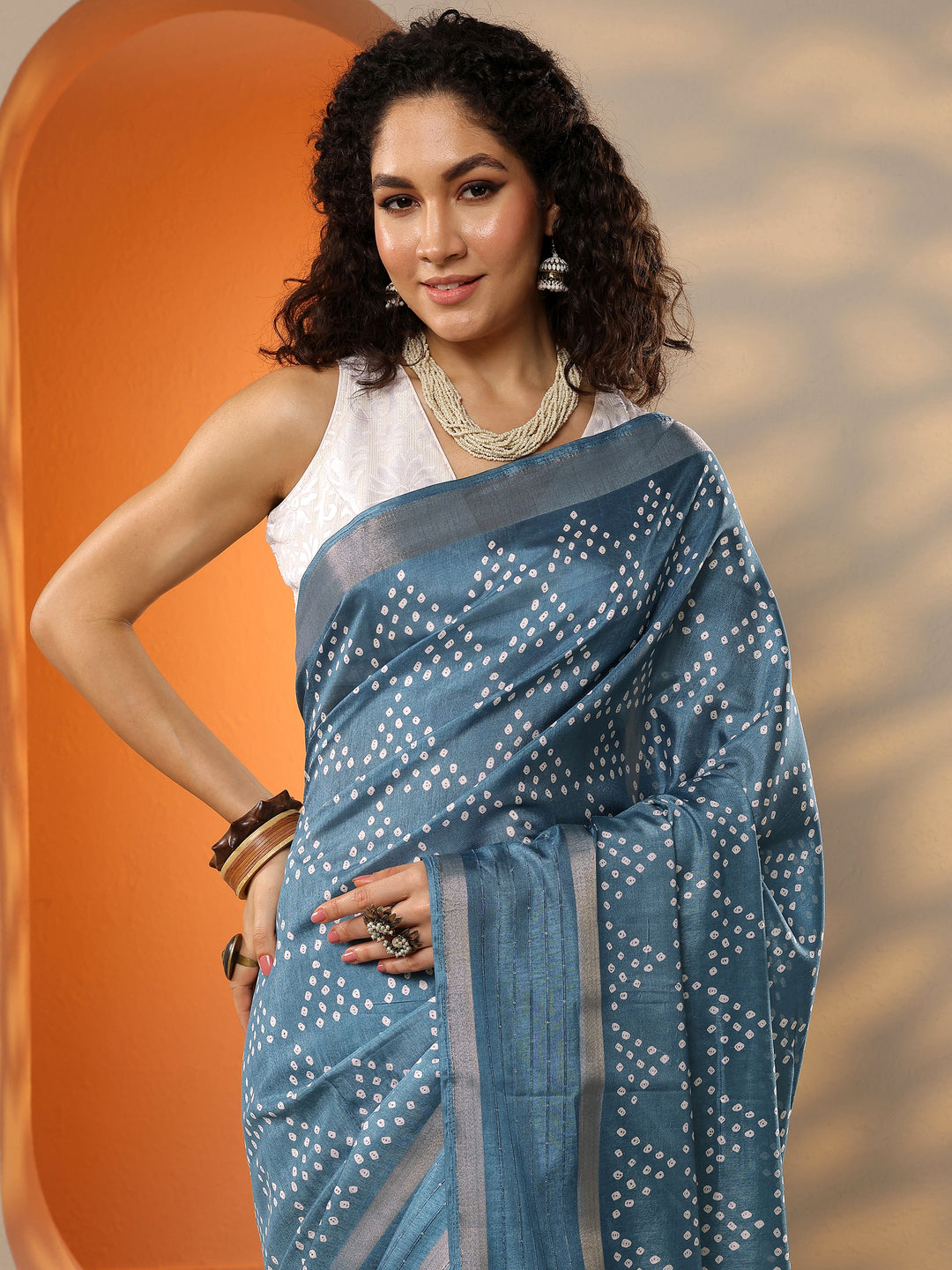  Blue Bandhani Printed Silk Blend Saree With Unstitched Blouse Piece 