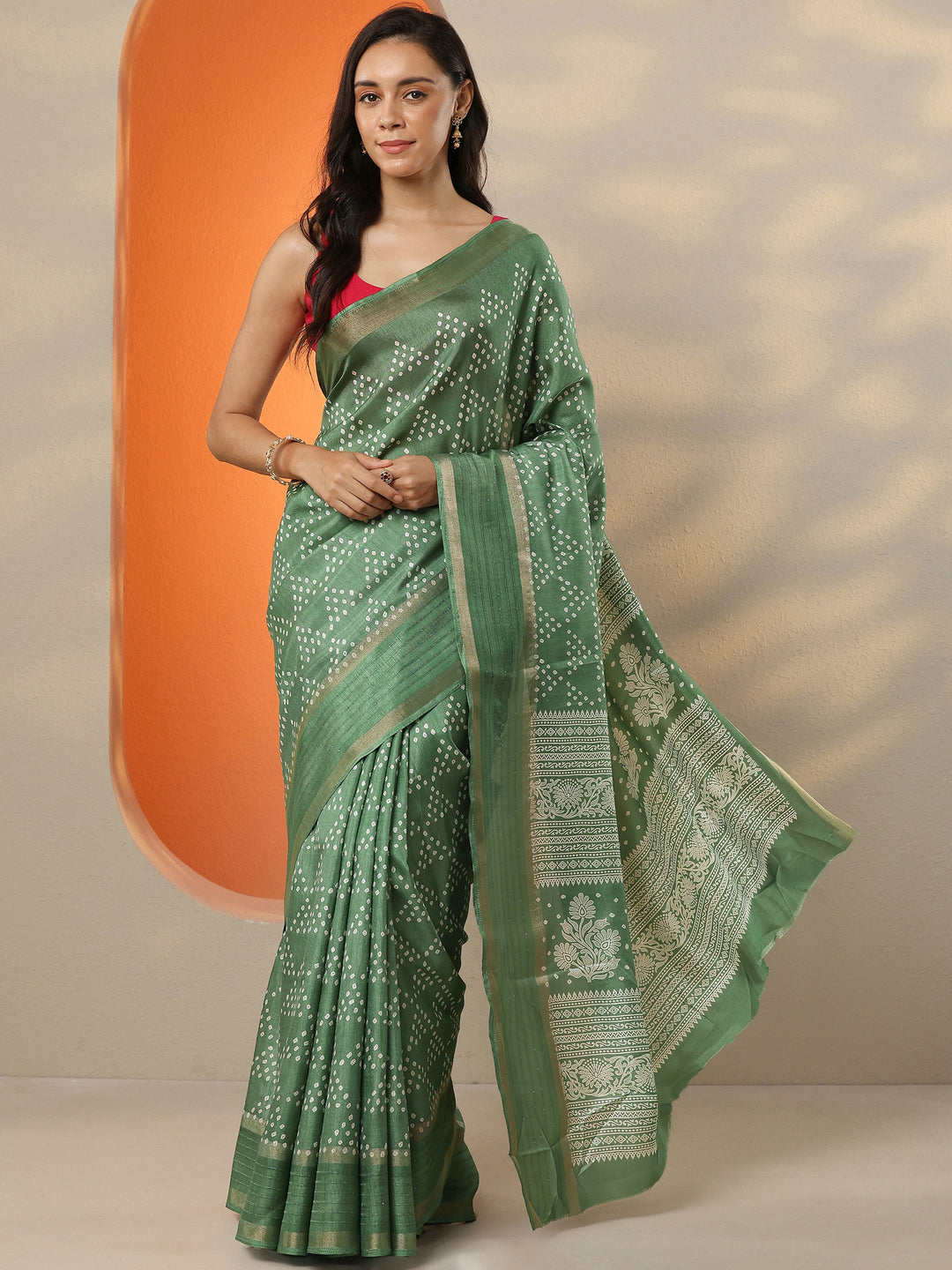  Green Bandhani Printed Silk Blend Saree With Unstitched Blouse Piece 