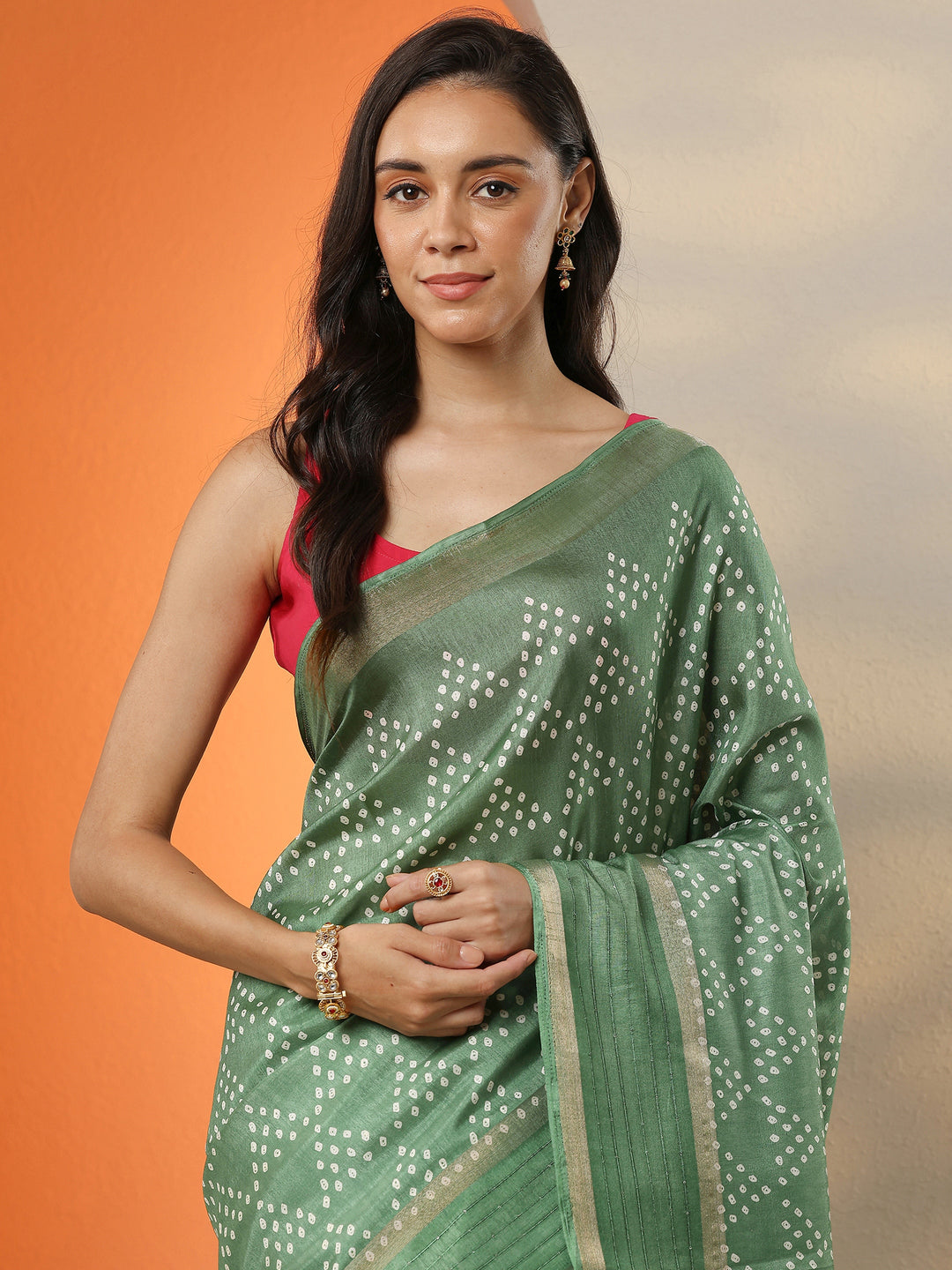  Green Bandhani Printed Silk Blend Saree With Unstitched Blouse Piece 