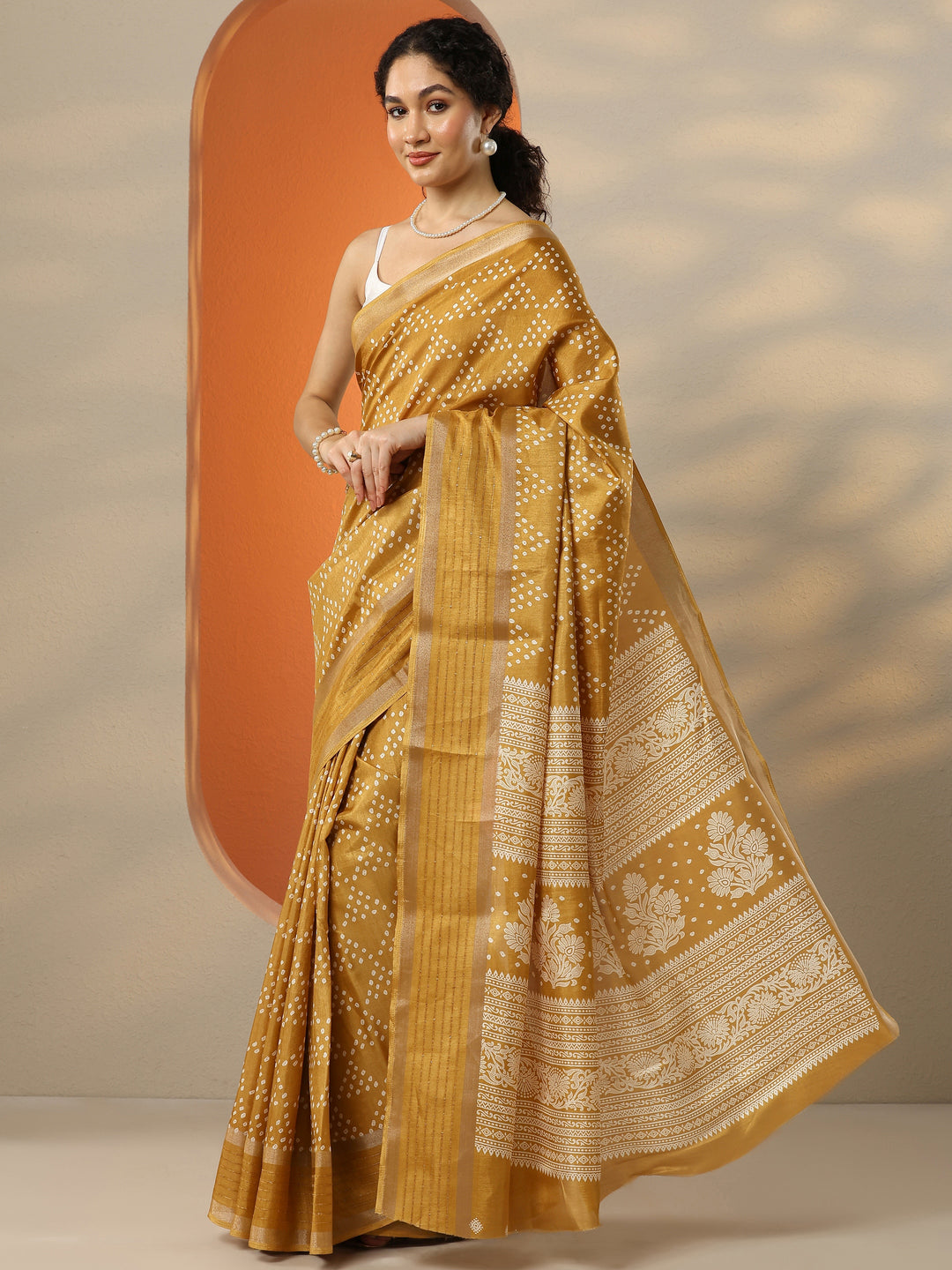  Mustard Bandhani Printed Silk Blend Saree With Unstitched Blouse Piece 