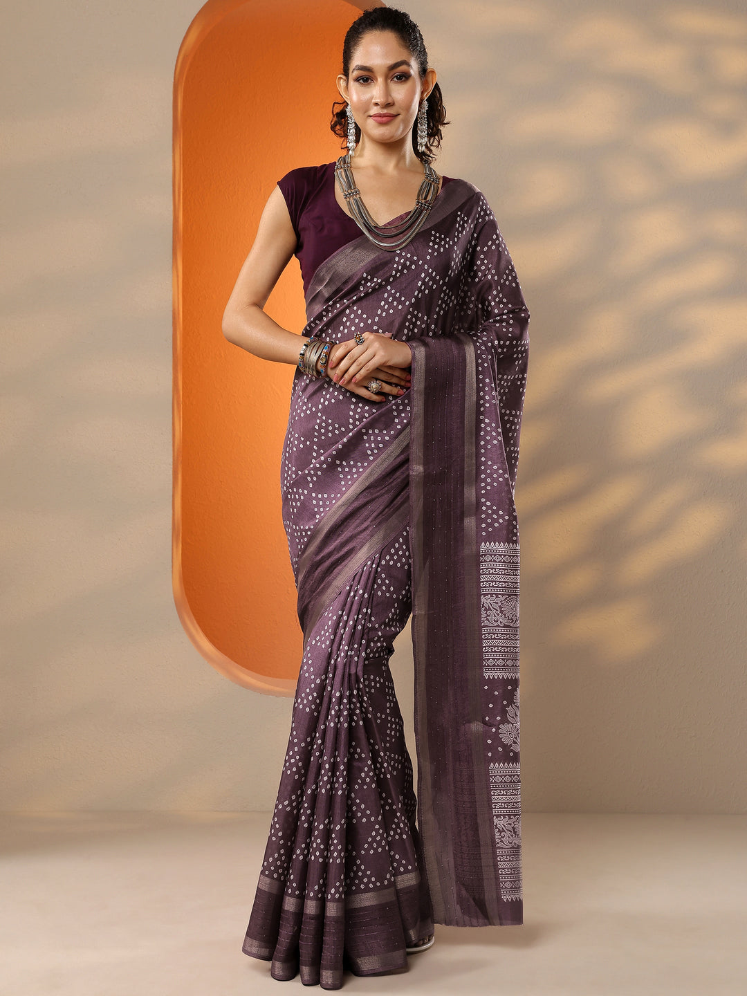  Purple Bandhani Printed Silk Blend Saree With Unstitched Blouse Piece 