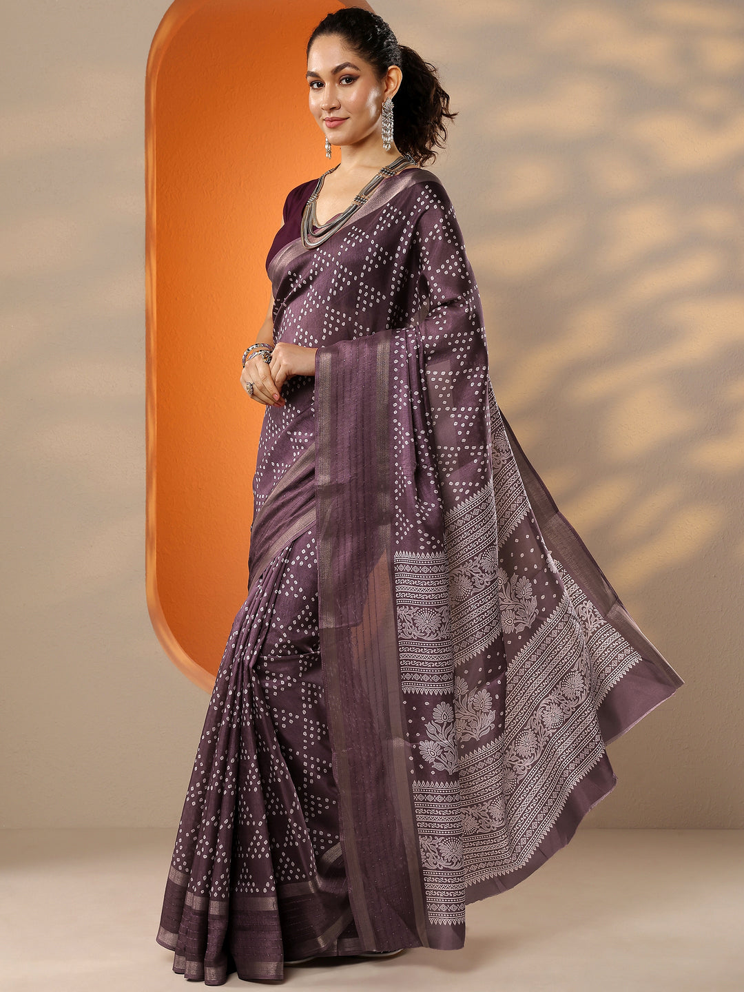  Purple Bandhani Printed Silk Blend Saree With Unstitched Blouse Piece 