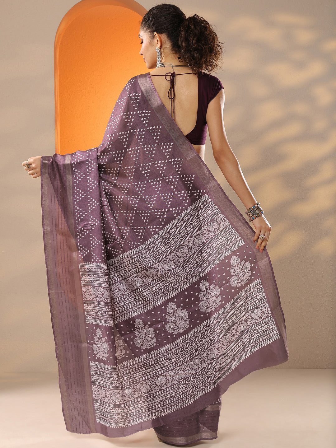  Purple Bandhani Printed Silk Blend Saree With Unstitched Blouse Piece 