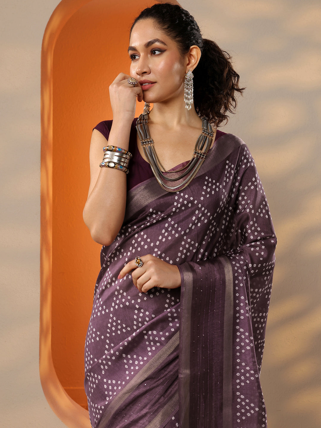  Purple Bandhani Printed Silk Blend Saree With Unstitched Blouse Piece 