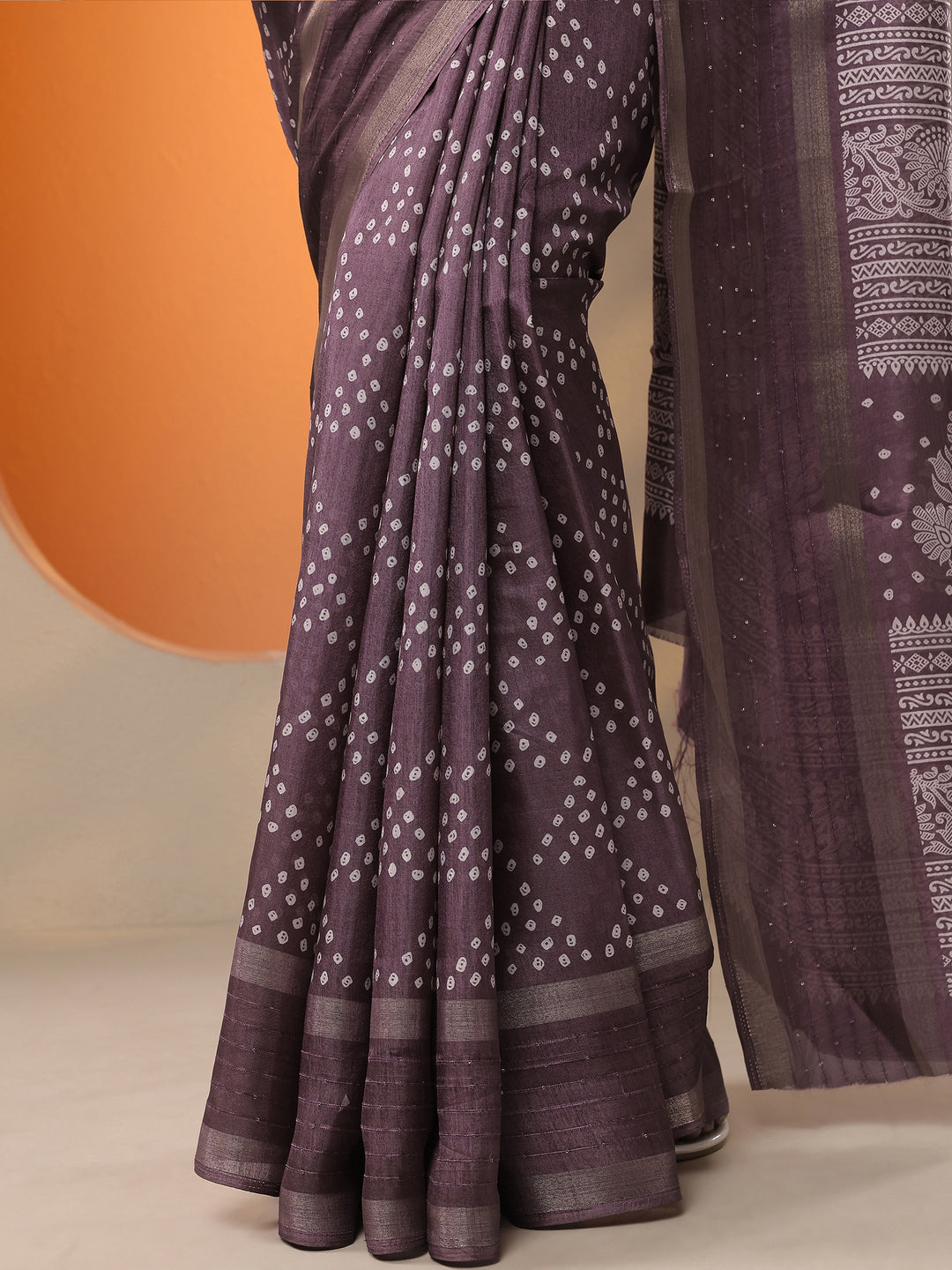  Purple Bandhani Printed Silk Blend Saree With Unstitched Blouse Piece 