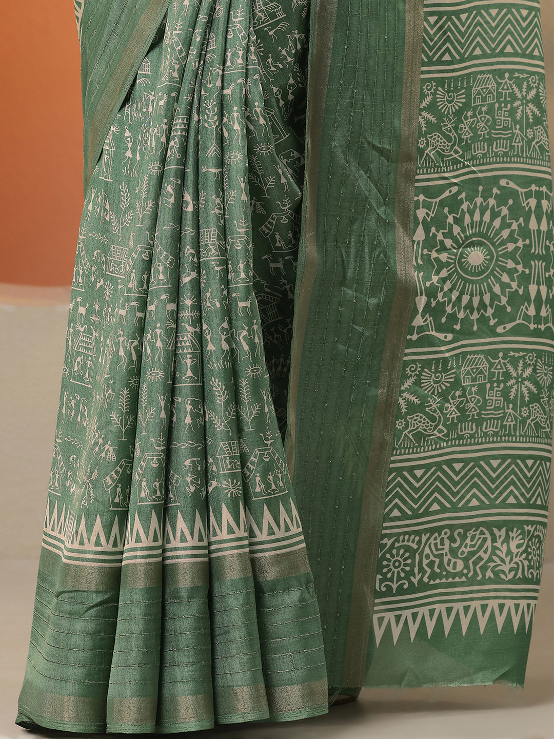  Green Printed Silk Blend Saree With Unstitched Blouse Piece 