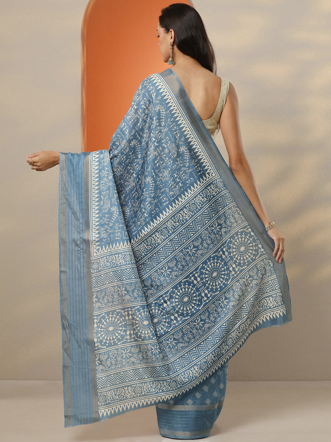  Blue Printed Silk Blend Saree With Unstitched Blouse Piece 