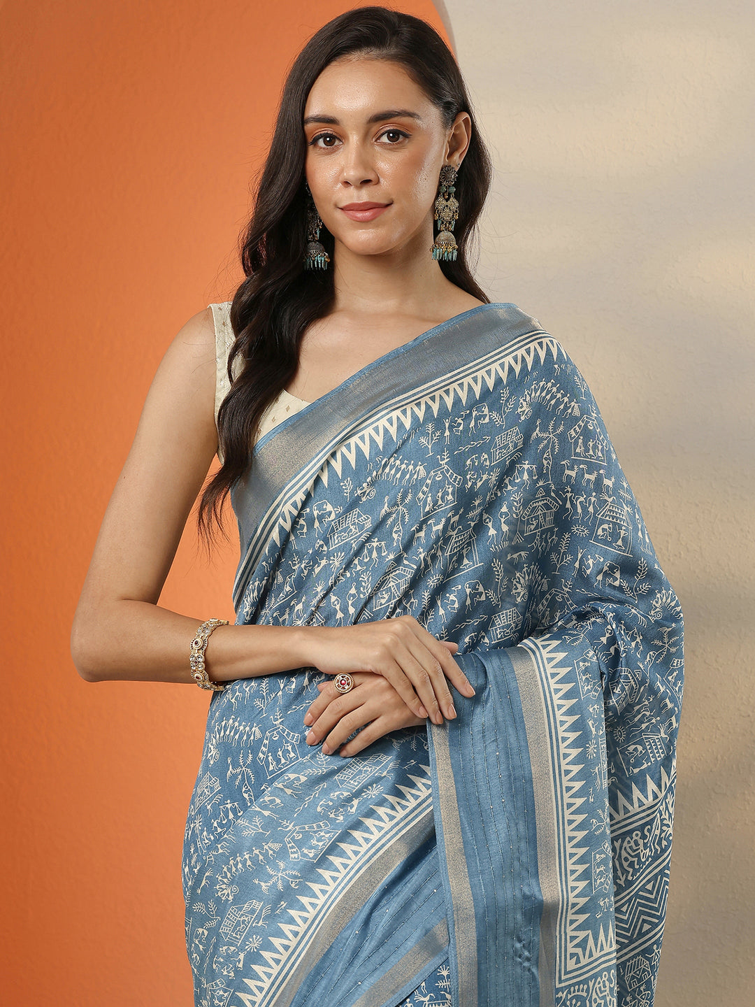  Blue Printed Silk Blend Saree With Unstitched Blouse Piece 
