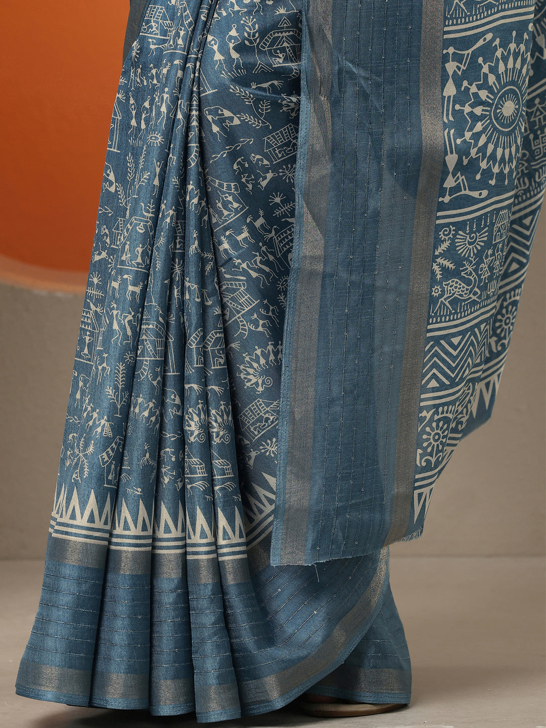  Blue Printed Silk Blend Saree With Unstitched Blouse Piece 