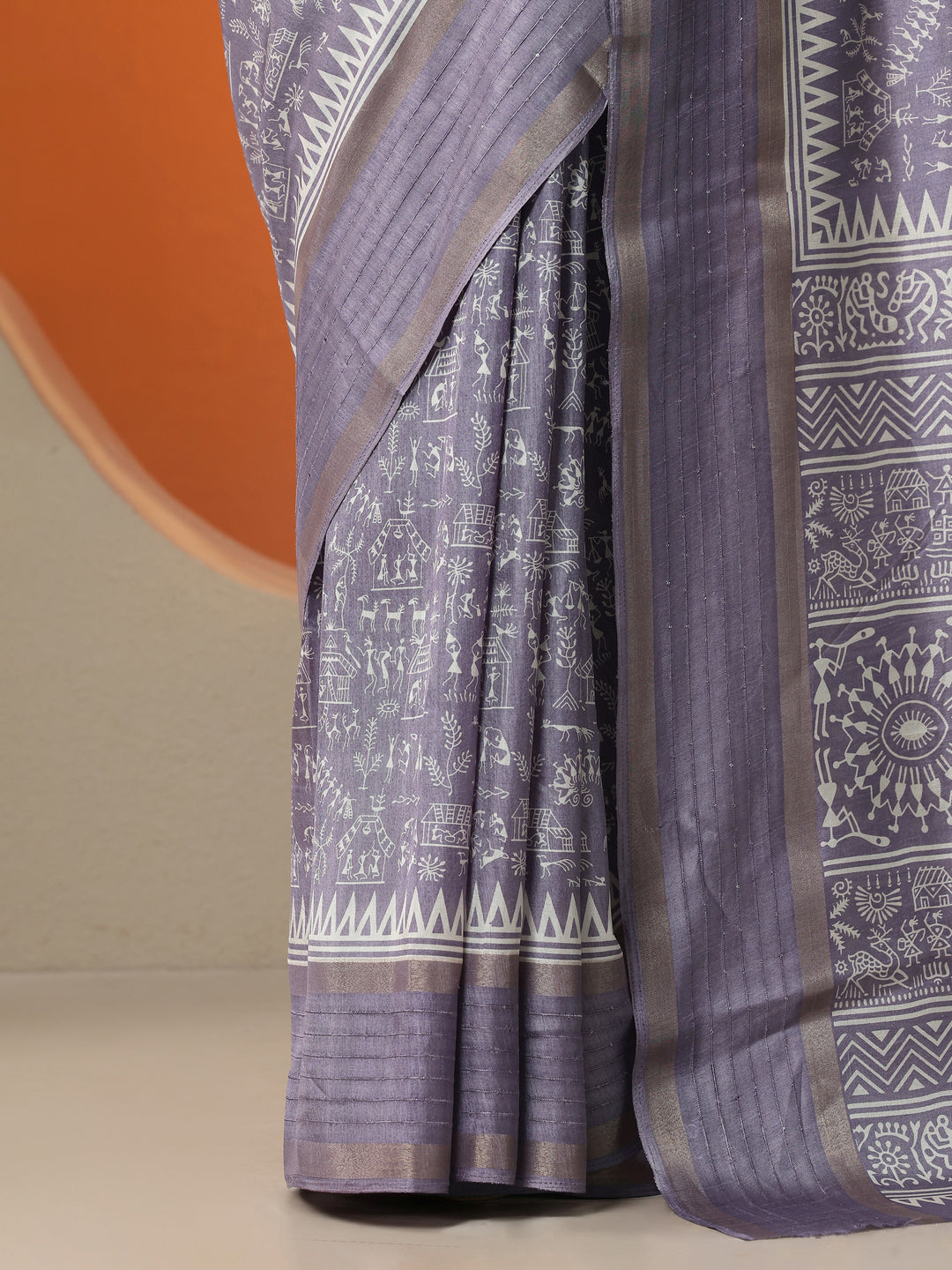  Lavender Printed Silk Blend Saree With Unstitched Blouse Piece 