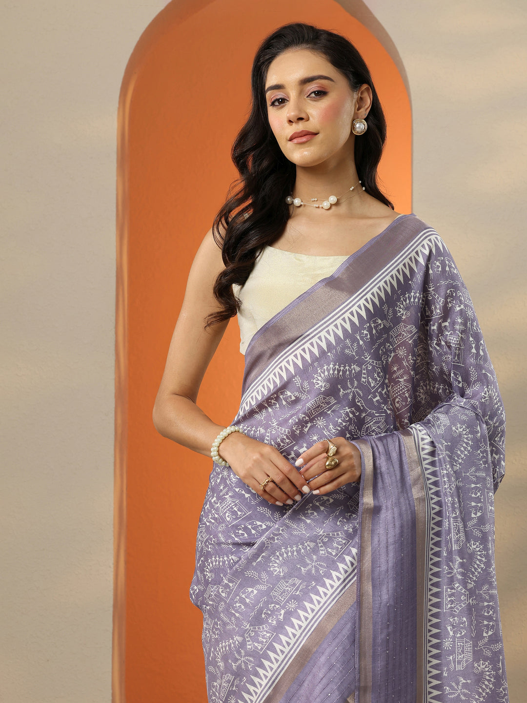  Lavender Printed Silk Blend Saree With Unstitched Blouse Piece 