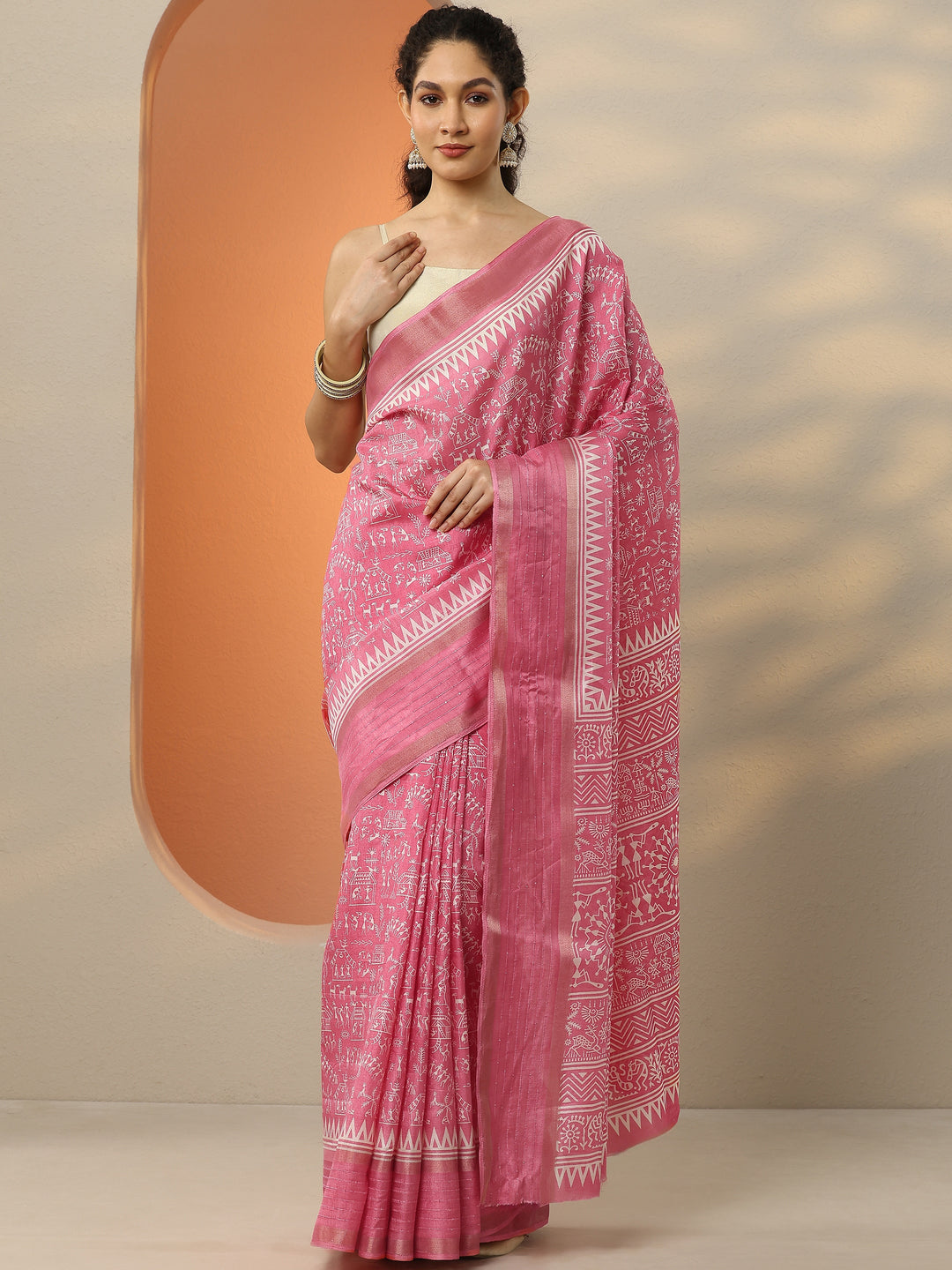 Coral Printed Silk Blend Saree With Unstitched Blouse Picece 