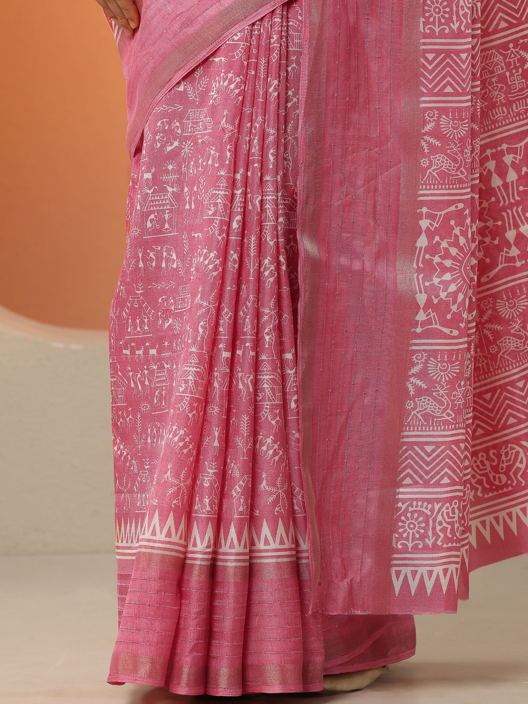  Coral Printed Silk Blend Saree With Unstitched Blouse Picece 