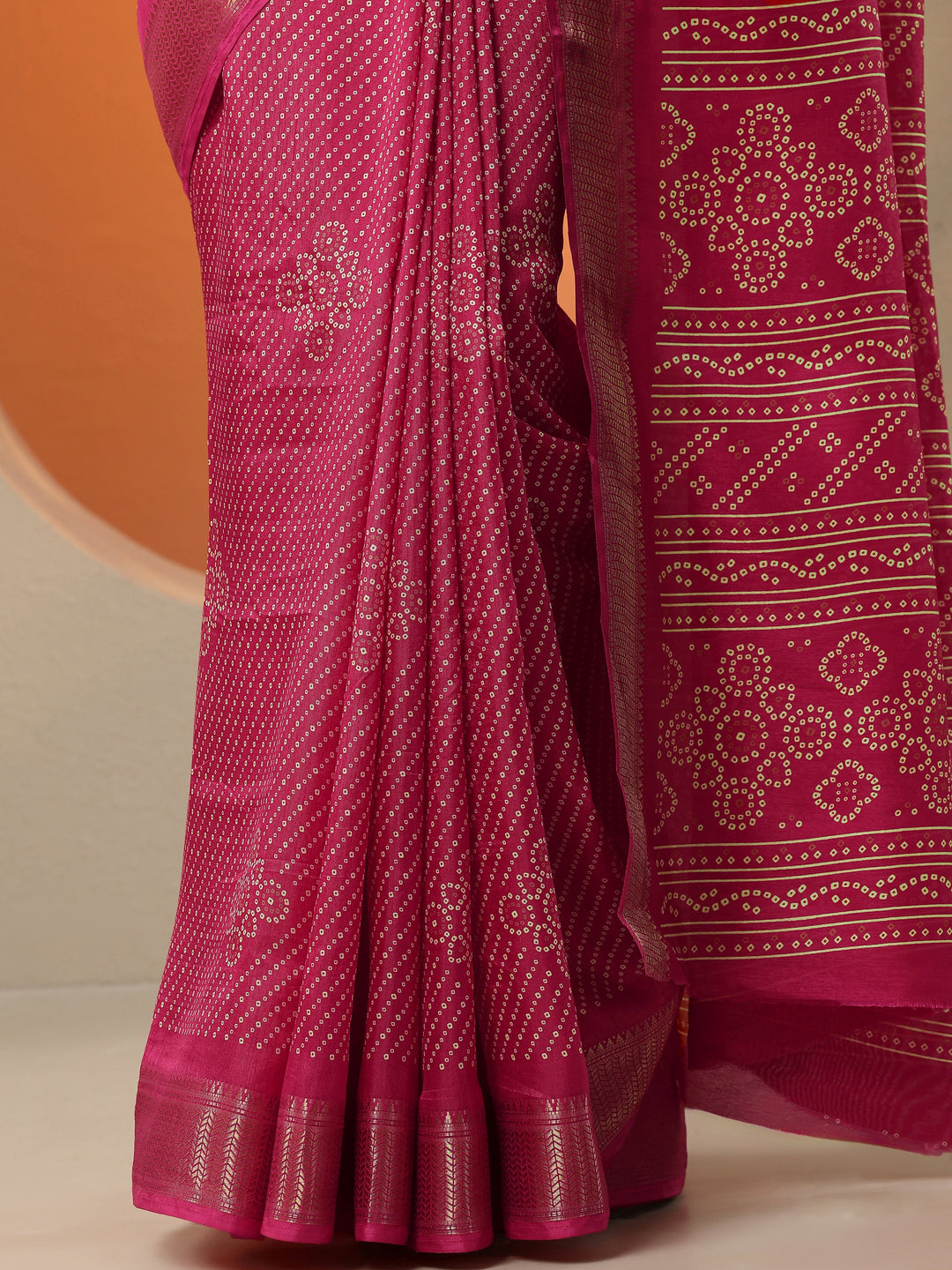  Coral Bandhani Printed Silk Blend Saree With Unstitched Blouse Piece 