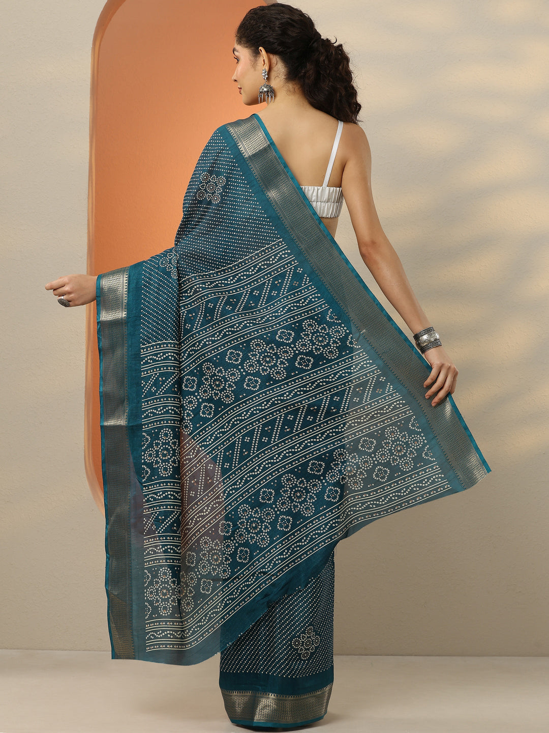  Blue Bandhani Printed Silk Blend Saree With Unstitched Blouse Piece 