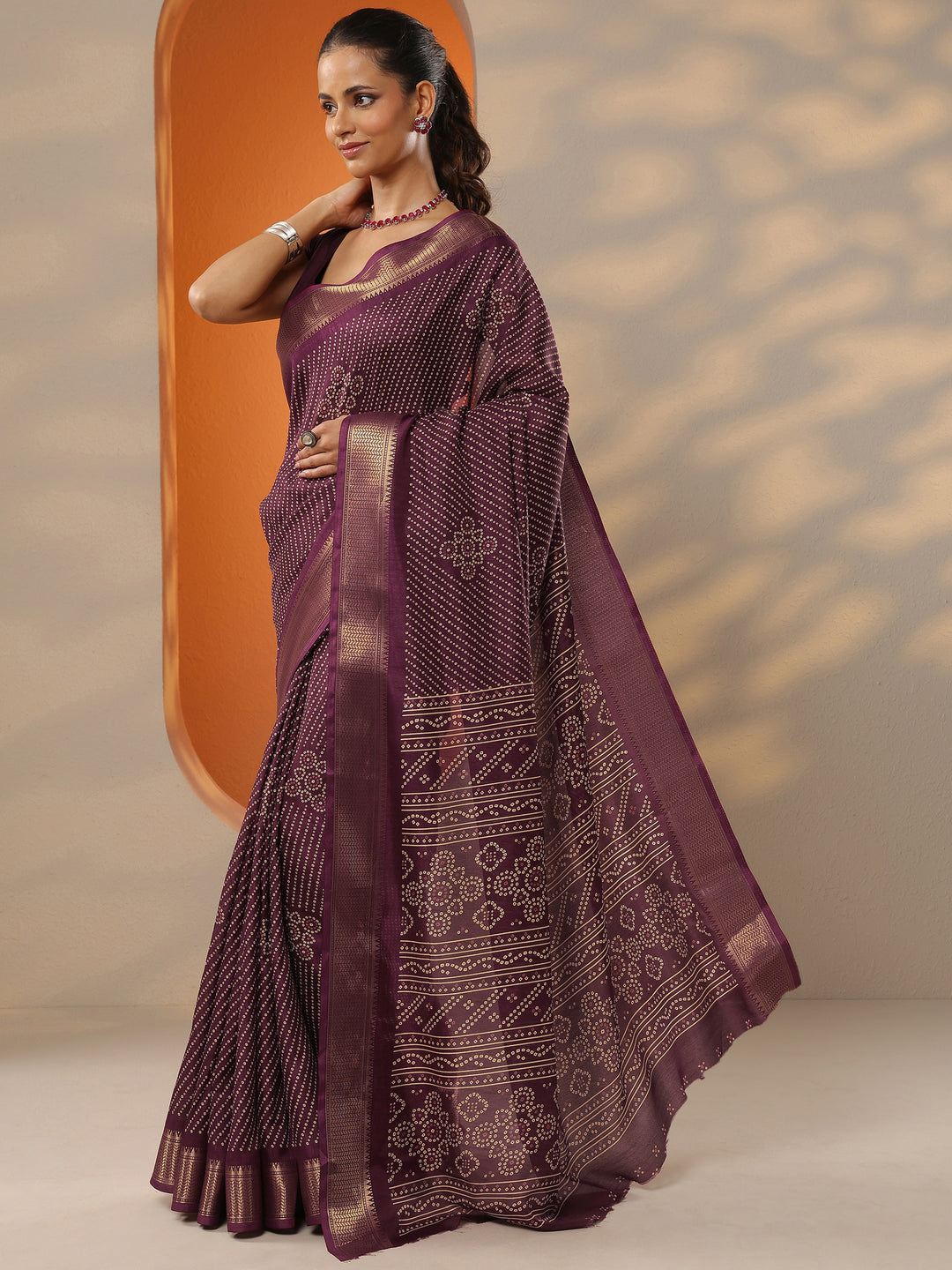  Burgundy Bandhani Printed Silk Blend Saree With Unstitched Blouse Piece 