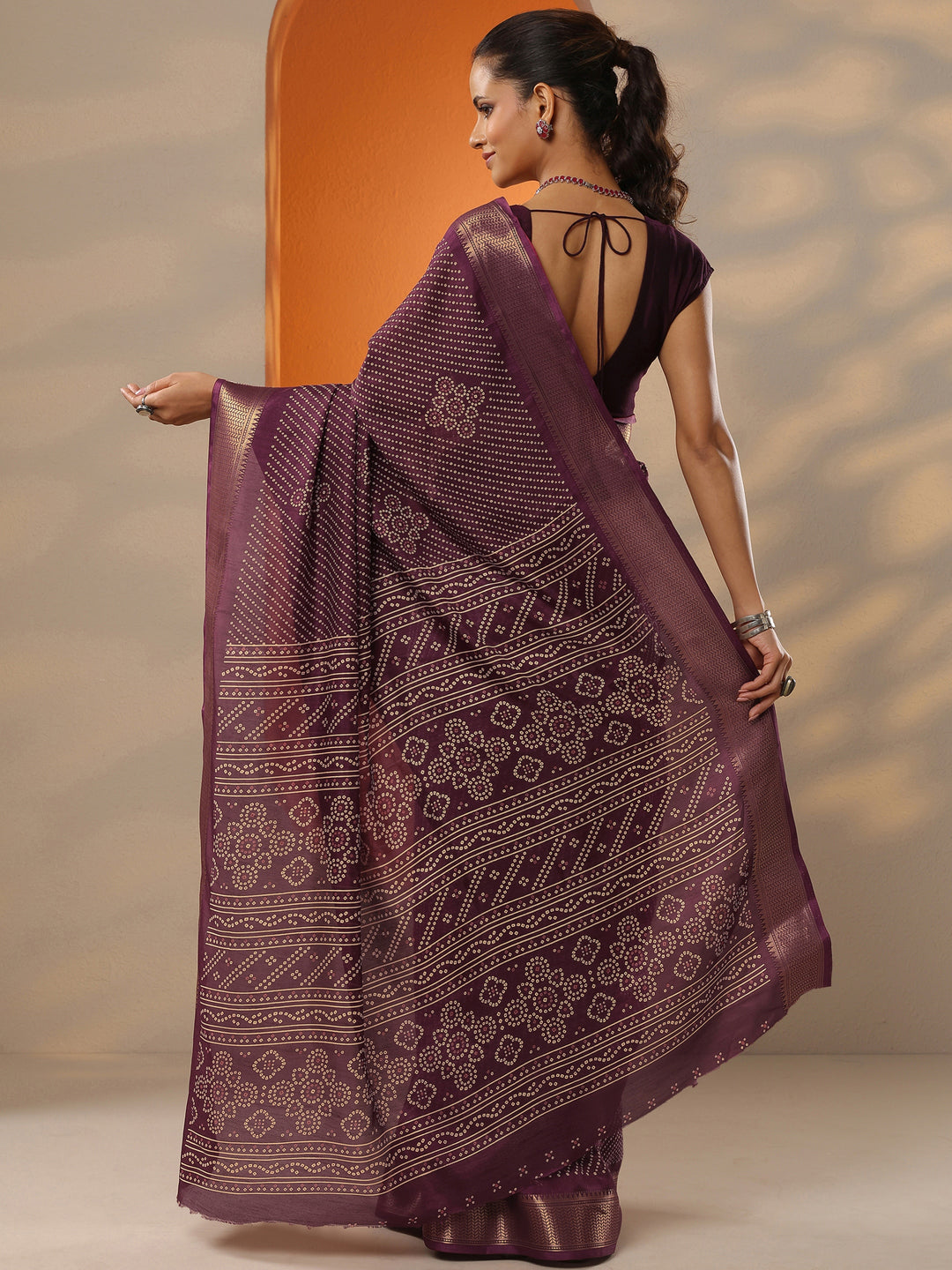  Burgundy Bandhani Printed Silk Blend Saree With Unstitched Blouse Piece 