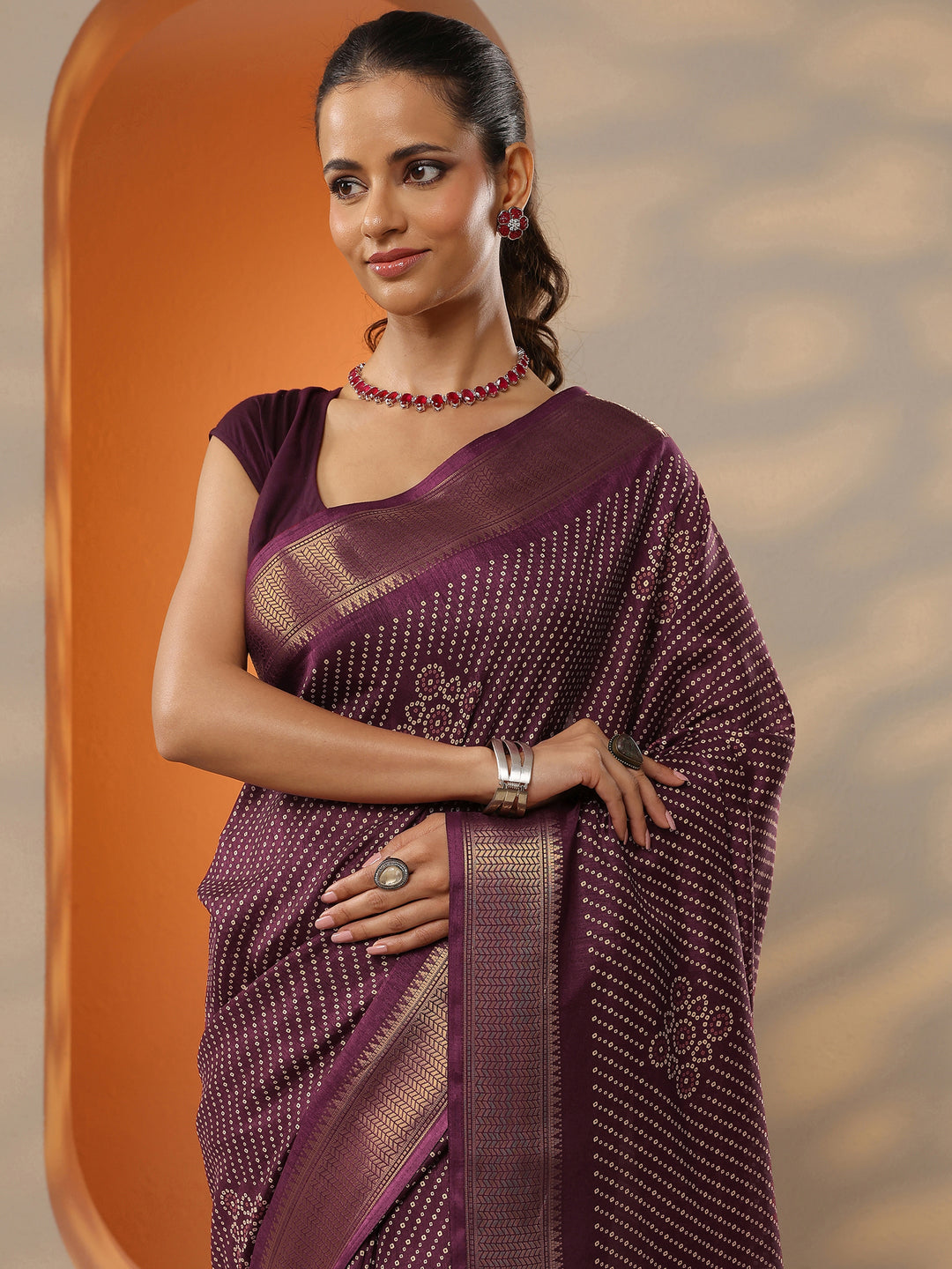  Burgundy Bandhani Printed Silk Blend Saree With Unstitched Blouse Piece 