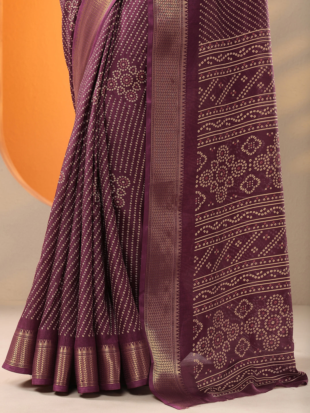  Burgundy Bandhani Printed Silk Blend Saree With Unstitched Blouse Piece 
