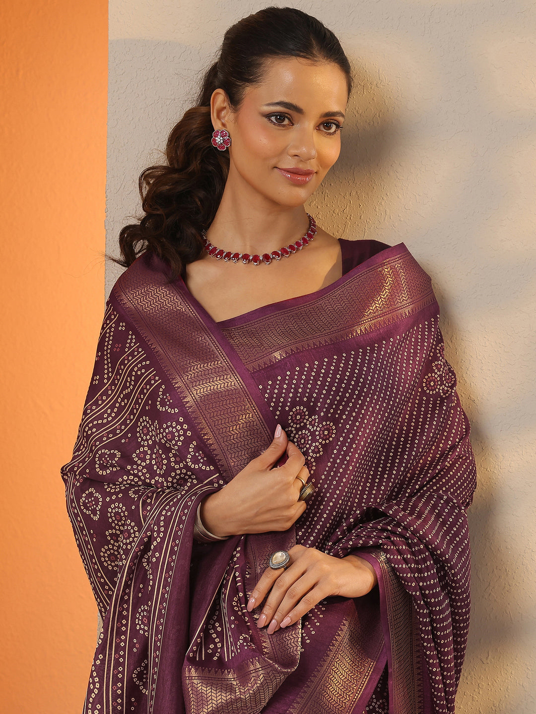  Burgundy Bandhani Printed Silk Blend Saree With Unstitched Blouse Piece 