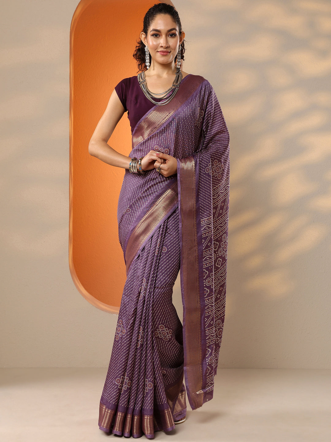  Purple Bandhani Printed Silk Blend Saree With Unstitched Blouse Piece 