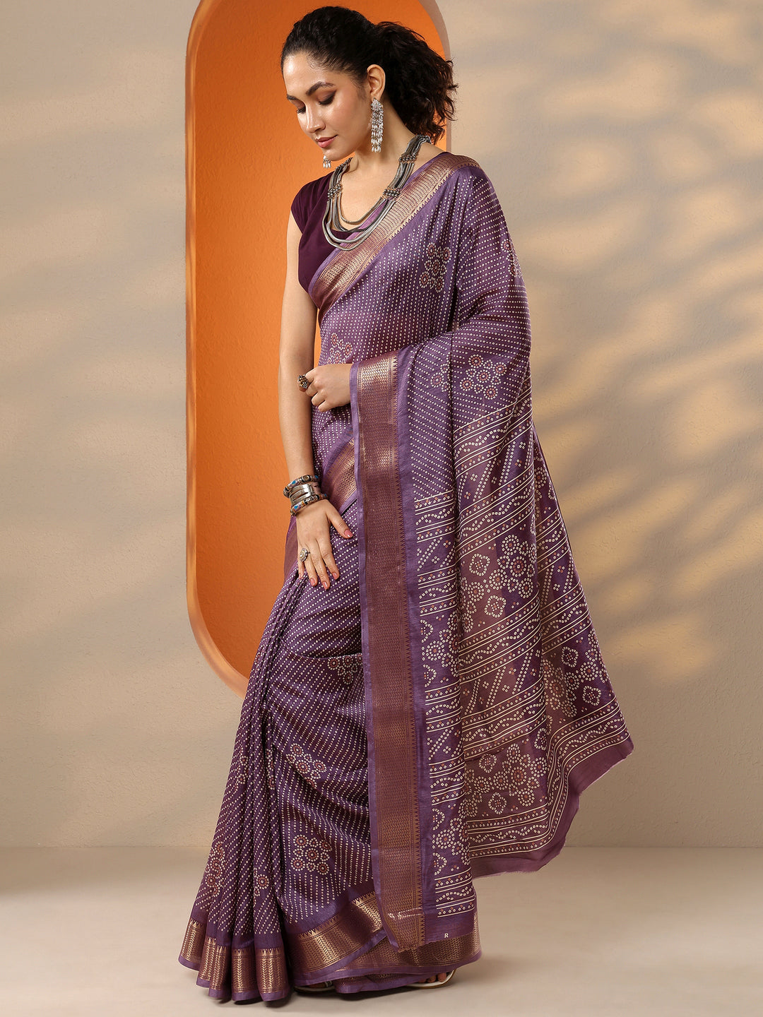  Purple Bandhani Printed Silk Blend Saree With Unstitched Blouse Piece 