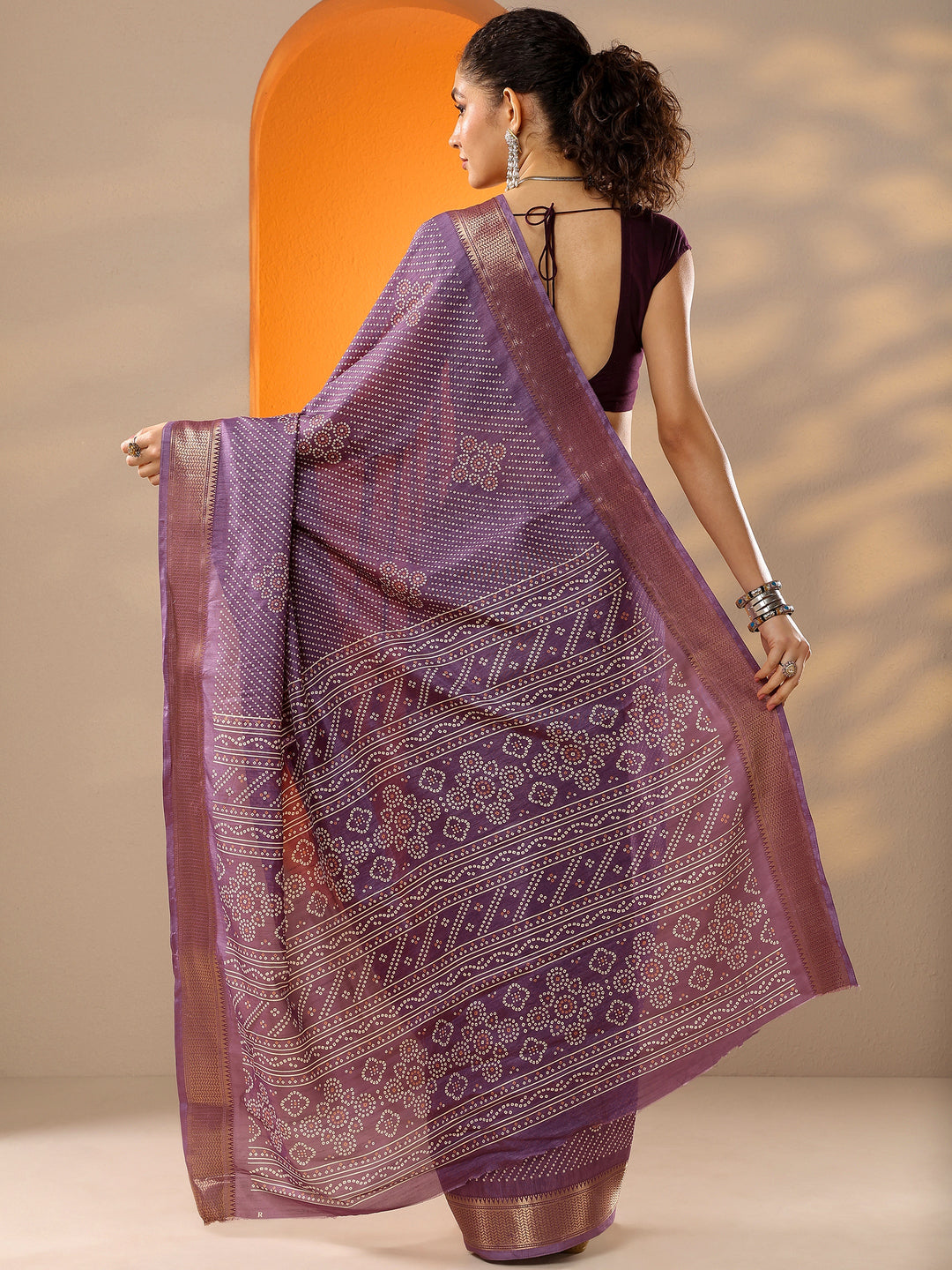  Purple Bandhani Printed Silk Blend Saree With Unstitched Blouse Piece 