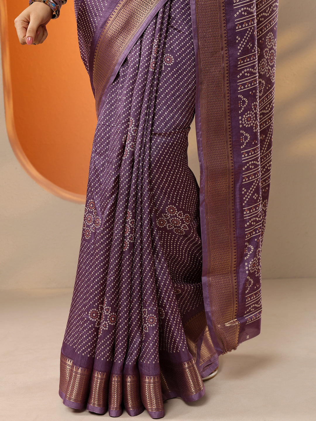  Purple Bandhani Printed Silk Blend Saree With Unstitched Blouse Piece 