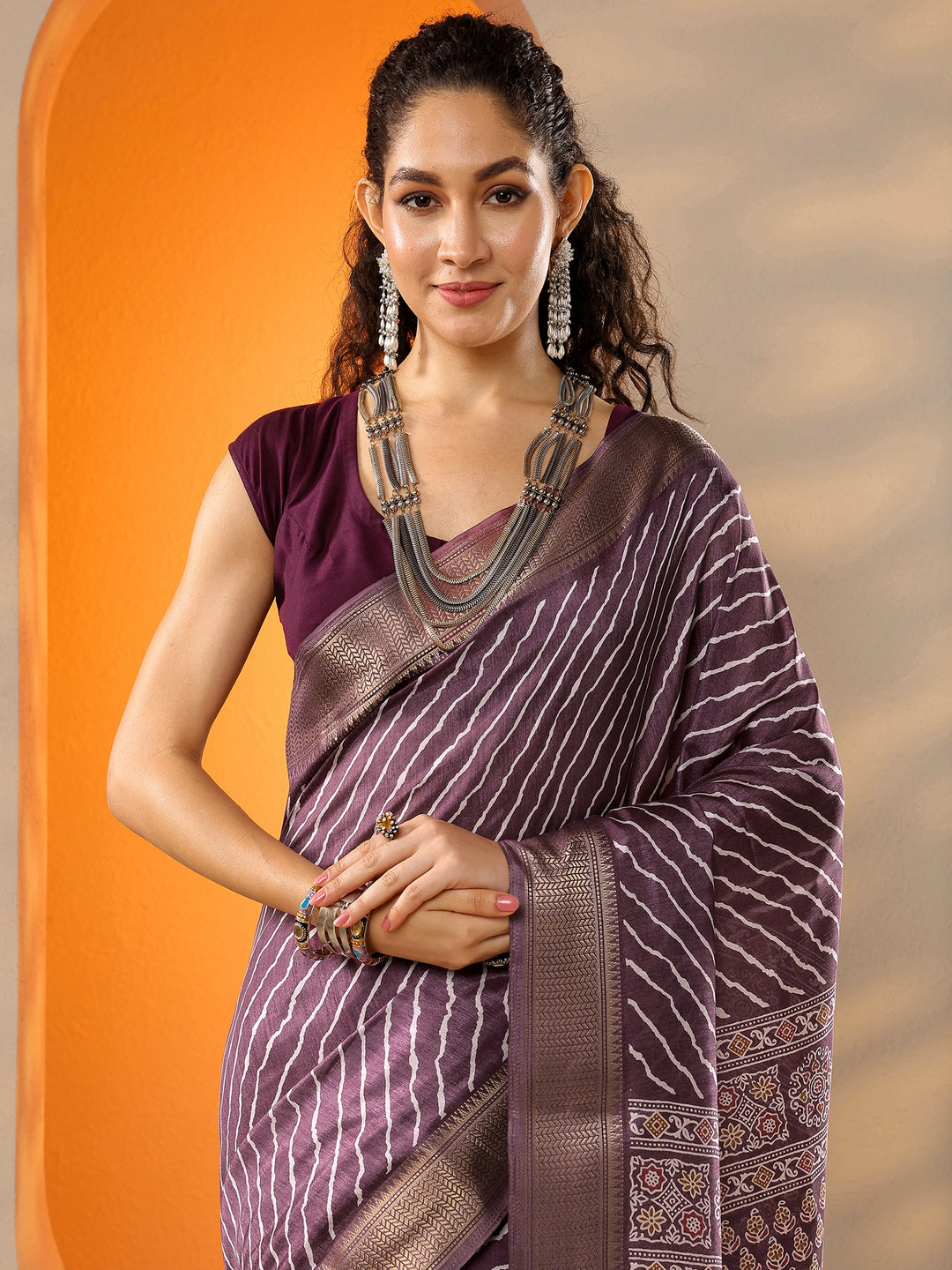  Mauve Leheriya Printed Silk Blend Saree With Unstitched Blouse Piece 