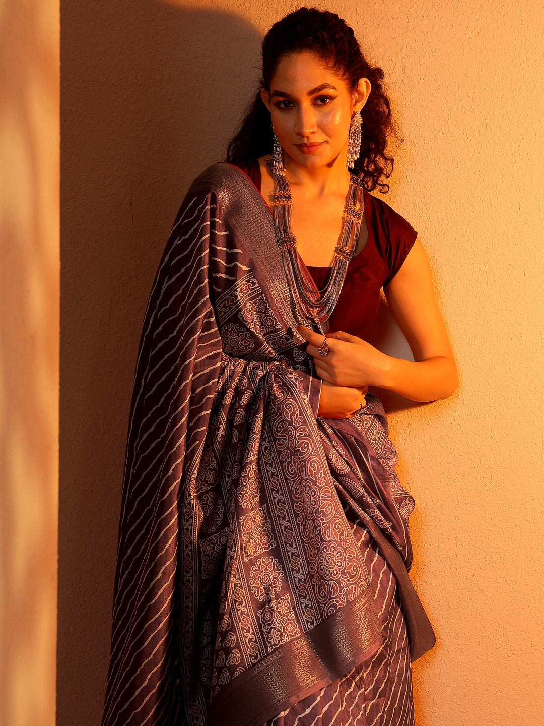  Mauve Leheriya Printed Silk Blend Saree With Unstitched Blouse Piece 