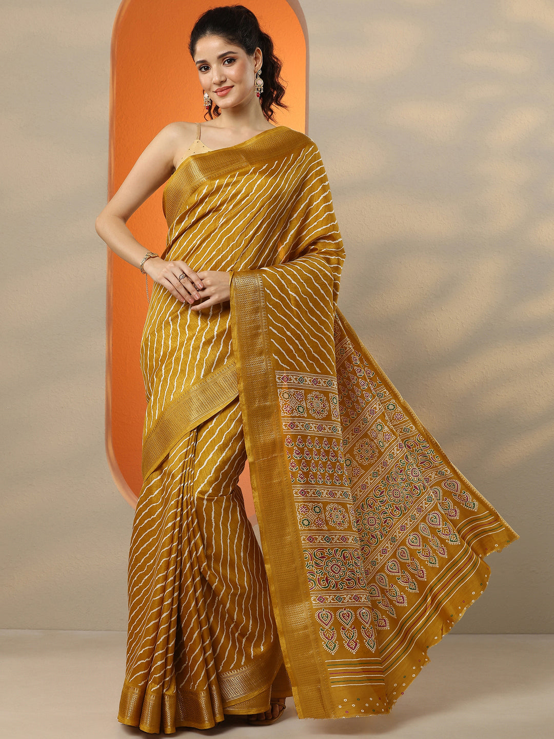  Mustard Leheriya Printed Silk Blend Saree With Unstitched Blouse Picece 