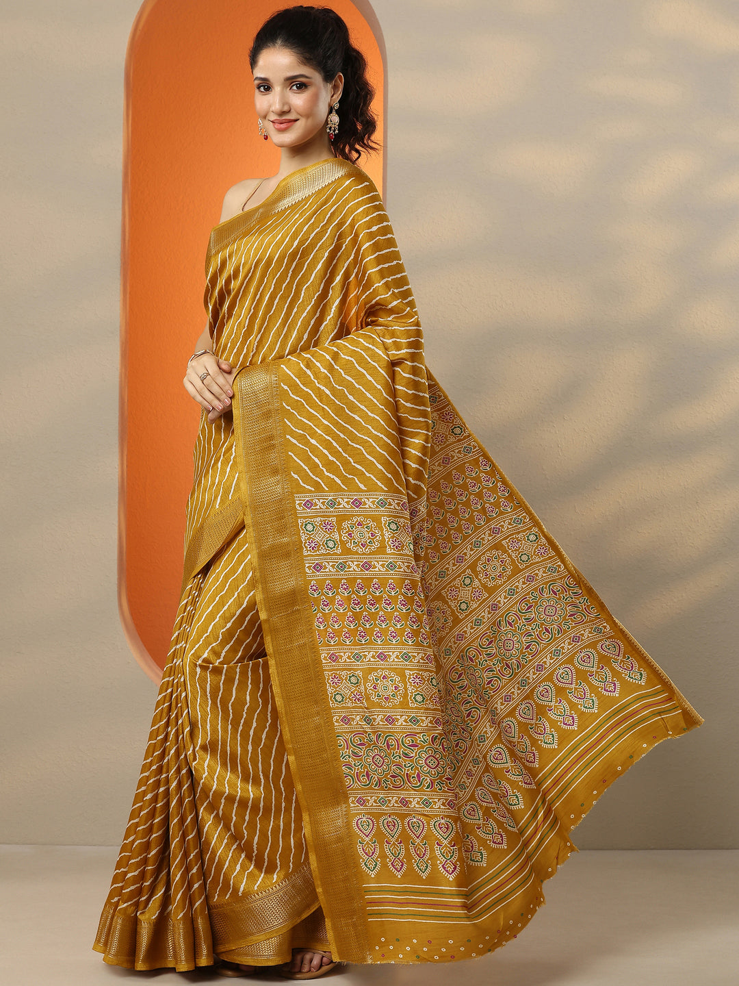 Mustard Leheriya Printed Silk Blend Saree With Unstitched Blouse Picece 